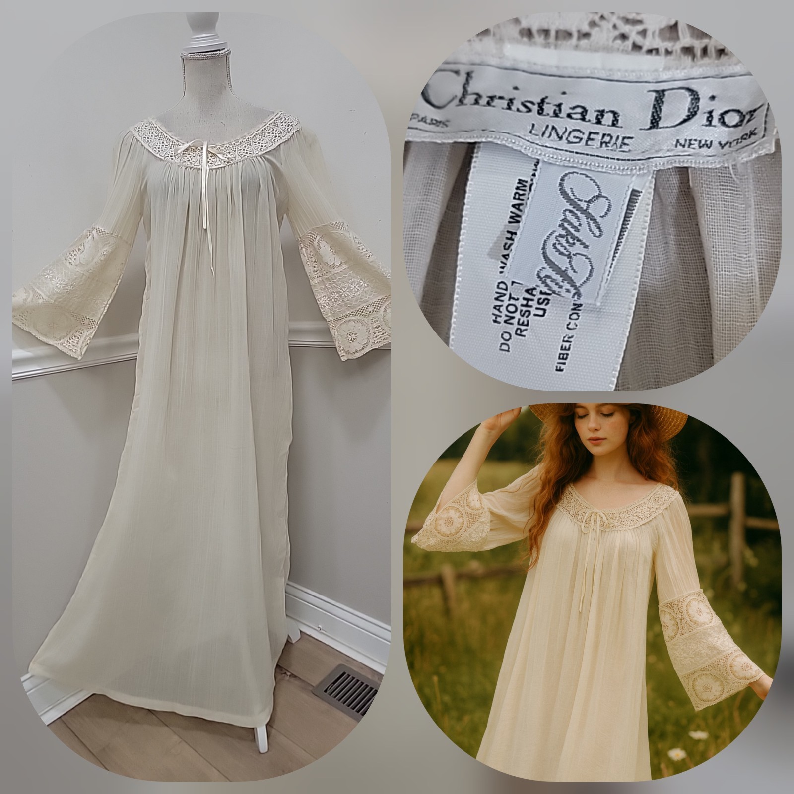 VTG Christian Dior Lingerie 1960s Saks Fifth Avenue Victorian Revival Lace Gown