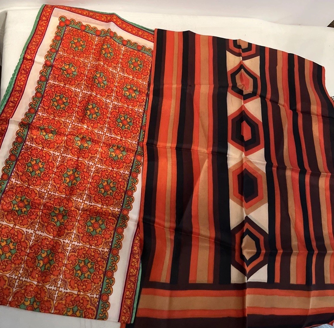 2 Vintage 1960s Beautiful Colorful Acetate Scarfs Made In Japan 41”X11”& 44”X15”