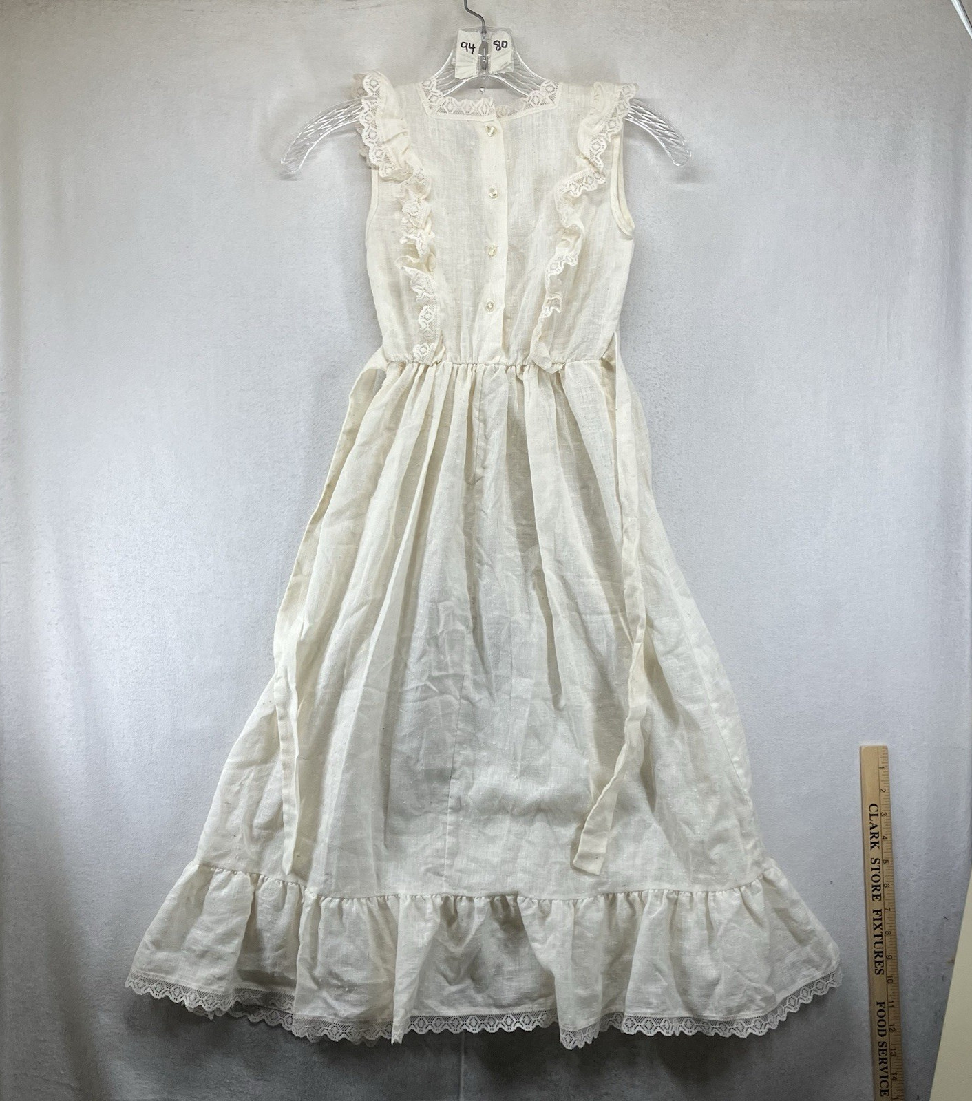 Vintage Dress Lace Accents Light Burlap Style Tie Back VERY SMALL 25×40