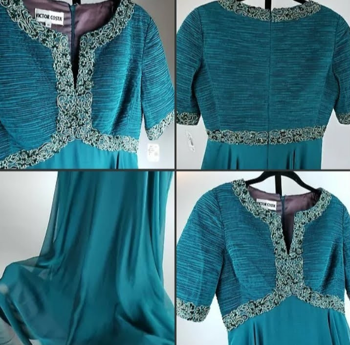 NWT Victor Costa Gown Sz 8 Emerald Green Empire Waist Chiffon Evening Dress $595