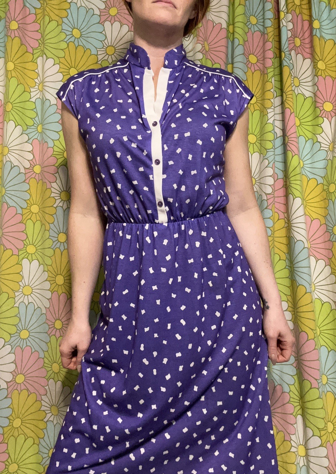 Vtg Shirtwaist Midi Day Dress Geo Dot Print Purple Retro Rockabilly Mod UNION MD