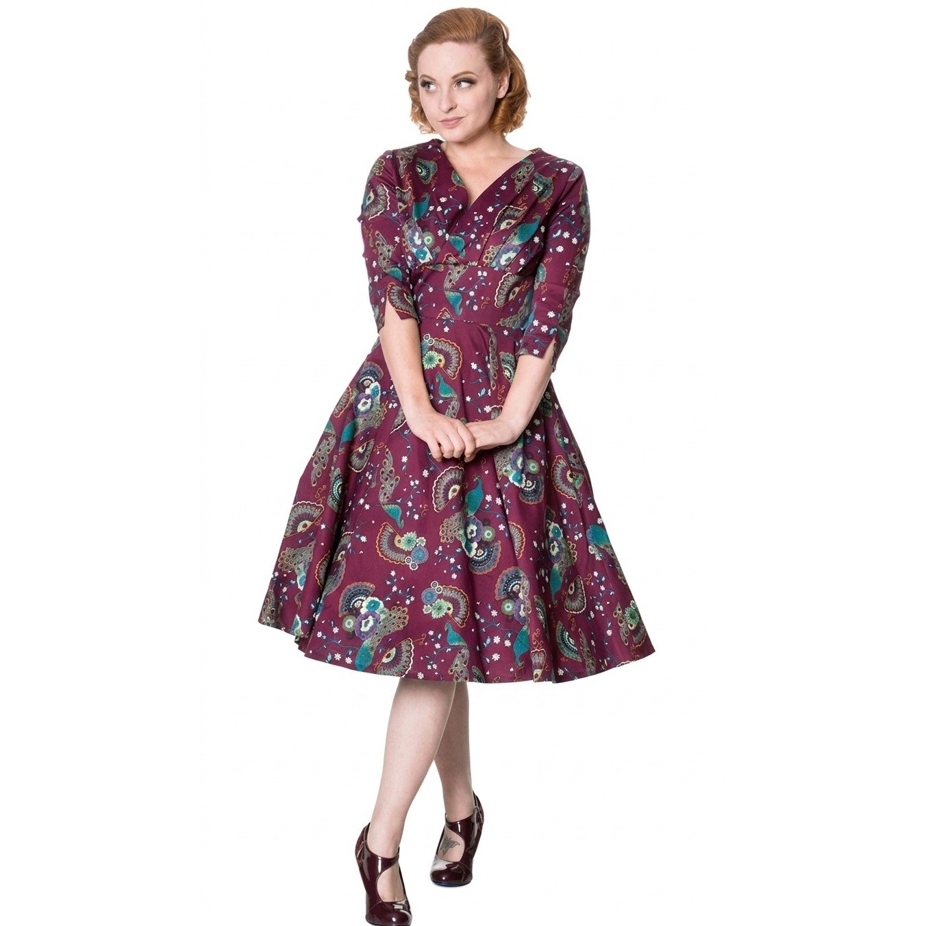 Retro Peacock Pin Up Twee Cotton Midi Dress Flare Party Special Occasion Size XL