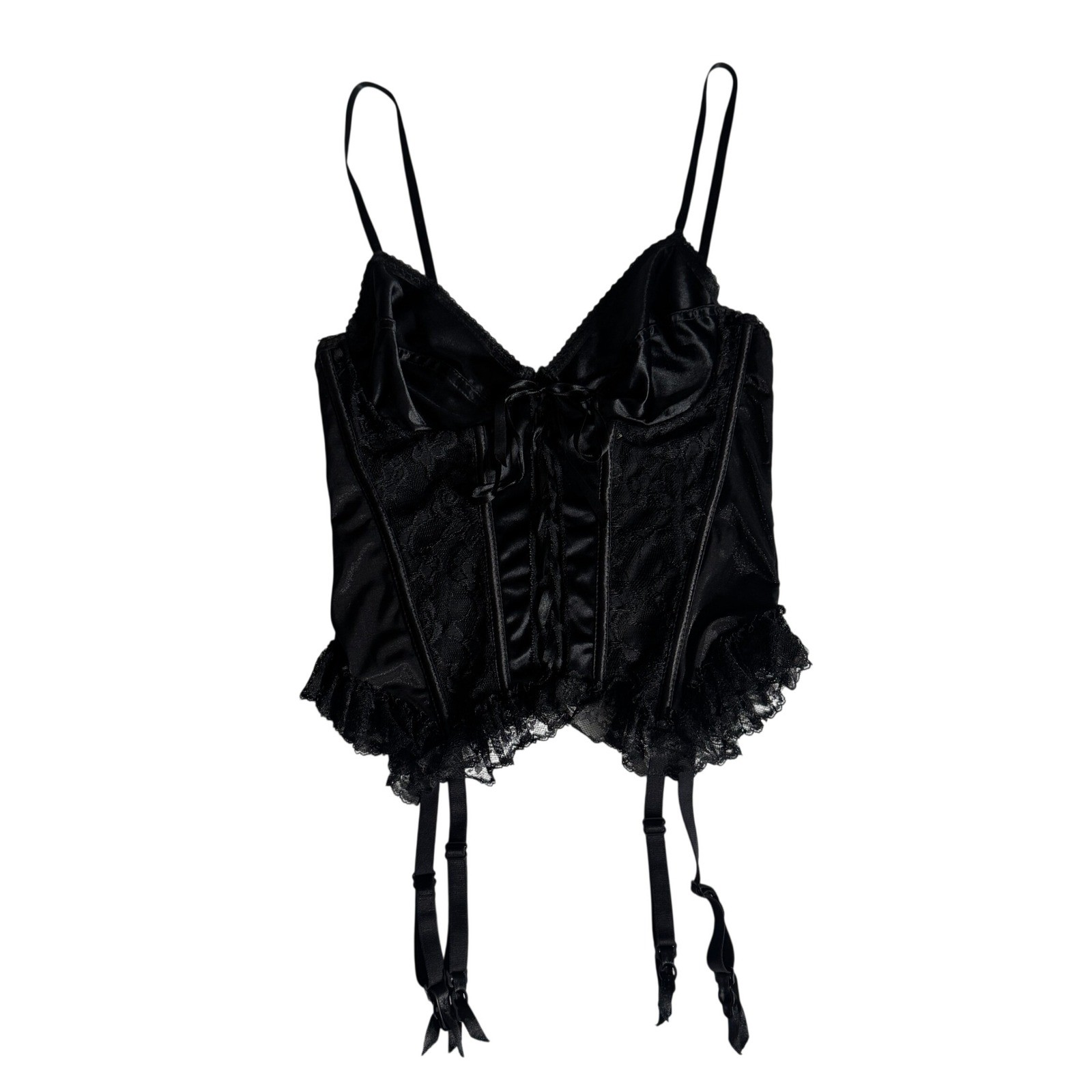 Vintage Black Satin Lace Corset Top Garter Bustier Womens VTG 36C Whimsygoth