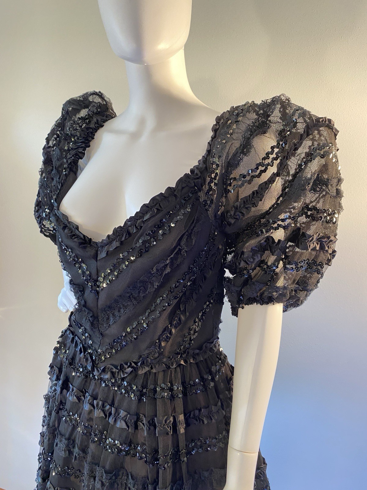 Vintage Lillie Rubin 1970’s Fit And Flair Sequin And Sheer Overlay Gown, Ex Con
