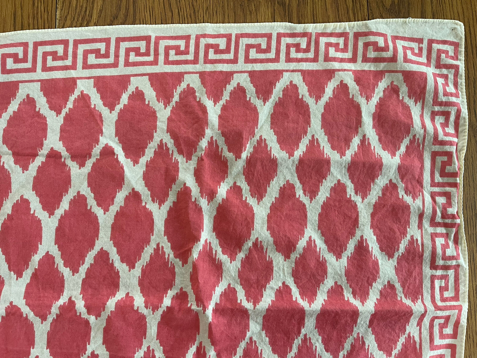 Vintage Coral Pink Cream Bandana Greek Key Diamond Print 19.5”x20.5”