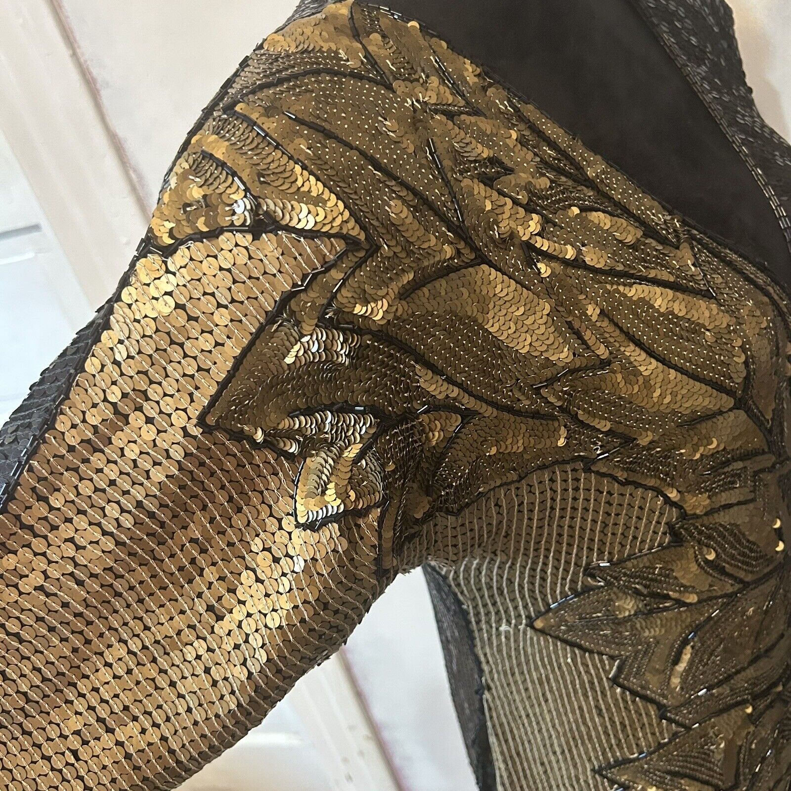 VTG Sequin Gown Dress 100% Silk 90s Black Gold Ruched V Neck Mob Wife Disco