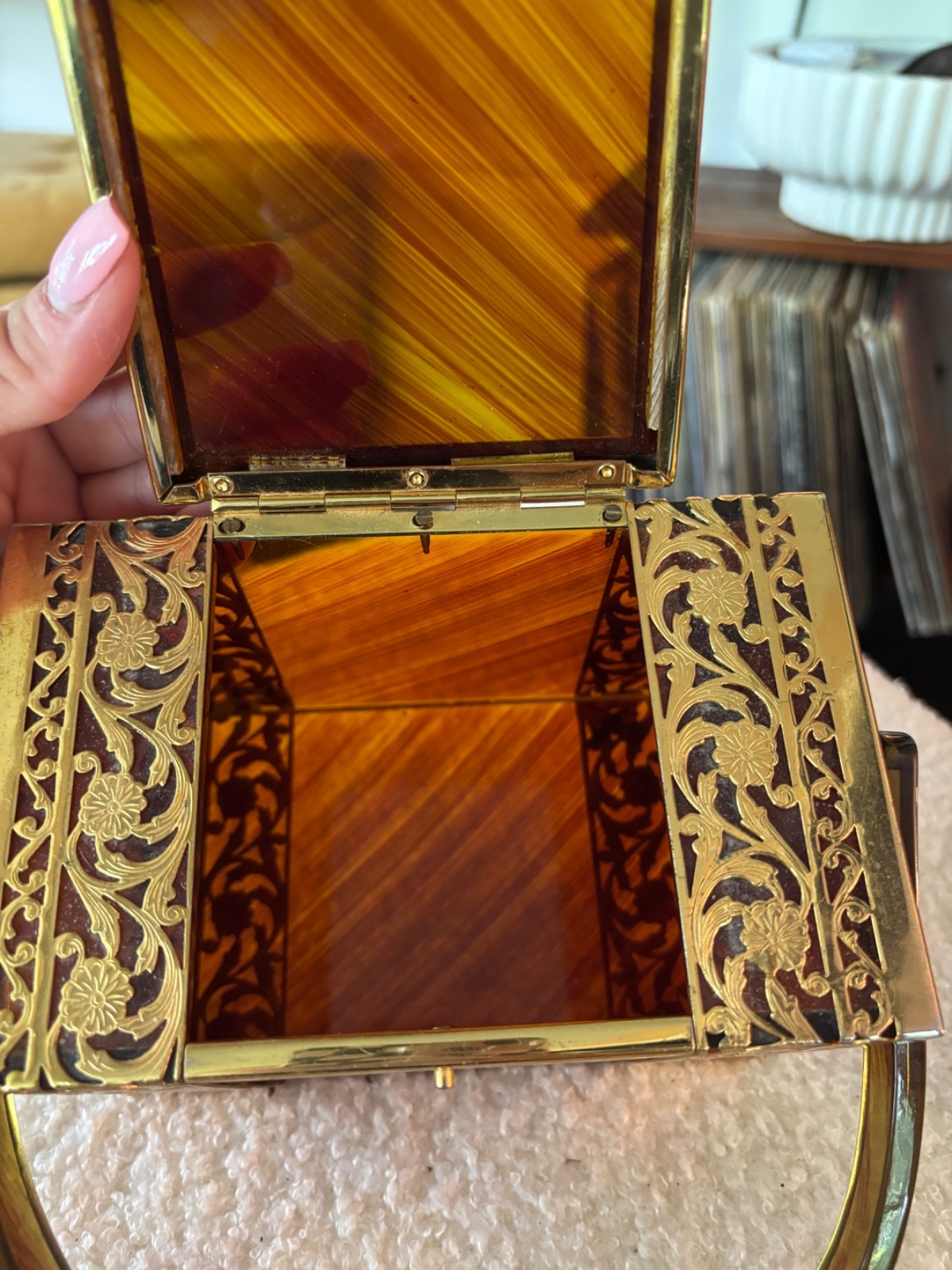 Tyrolean 1950s Lucite Square Box Purse Tortoise Striped Brass Filagree Vintage