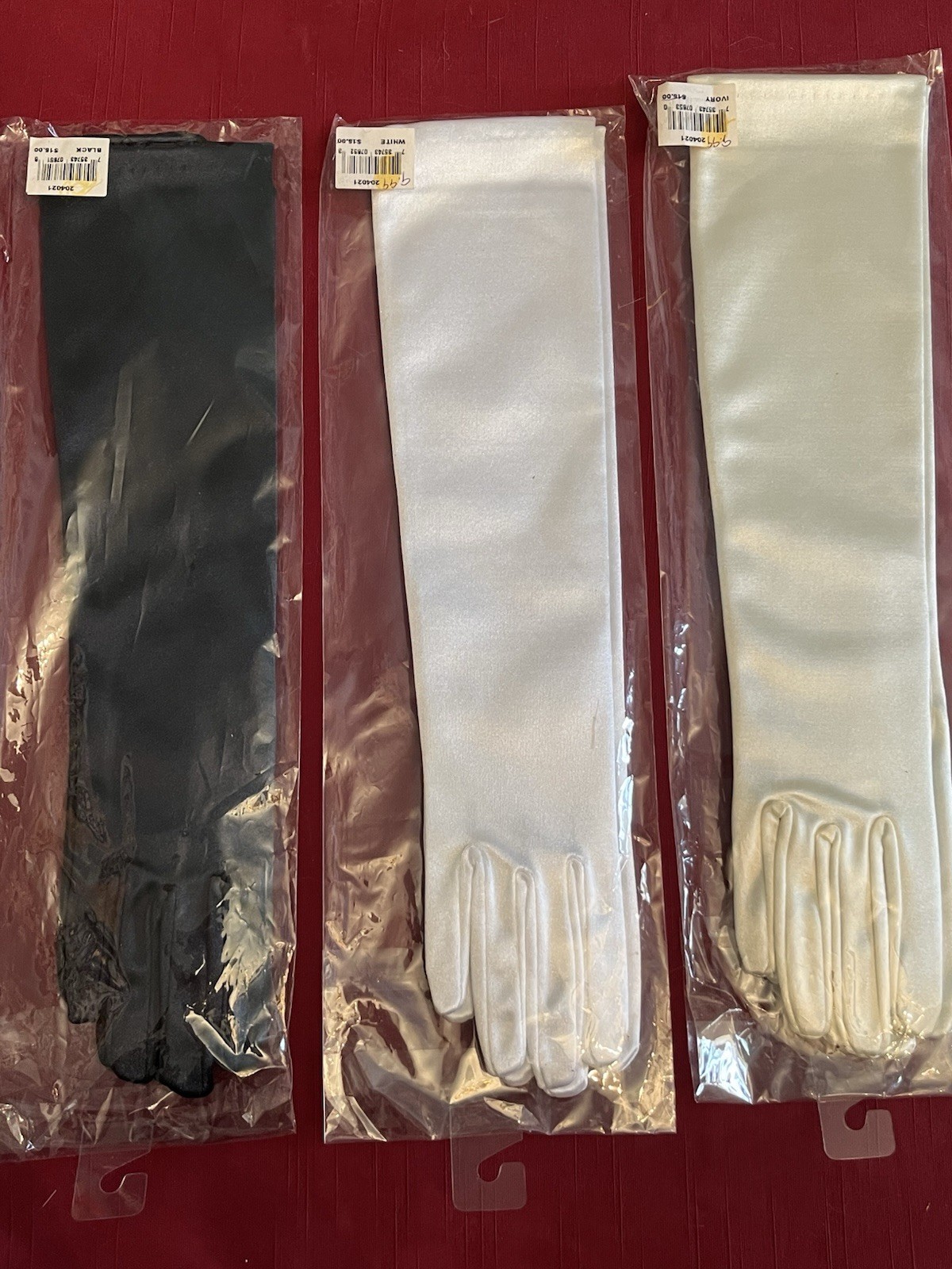 VTG NEW NIP SET 3 LADIES 15” LONG FANCY GLOVES BLACK WHITE IVORY MACYS ESTATE