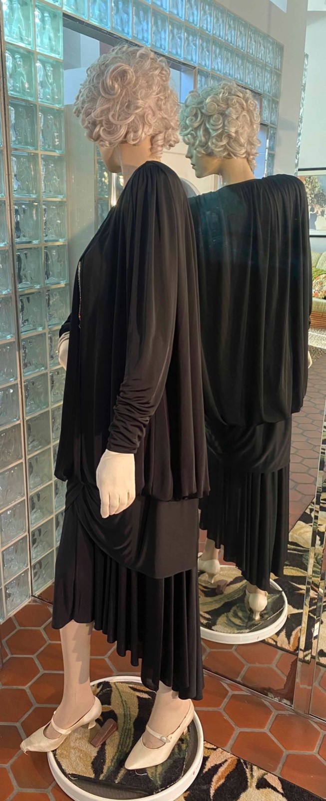 Black Art Deco Dress Beaded Drop Waist Draped Gatsby Flapper L VTG 80s Casadei