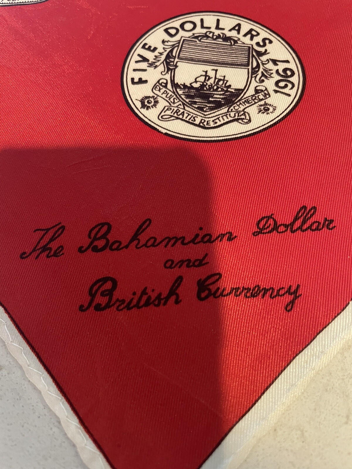 Vtg Scarf Red Thirkell of London 1967 Bahamian Dollar & British Currency Design