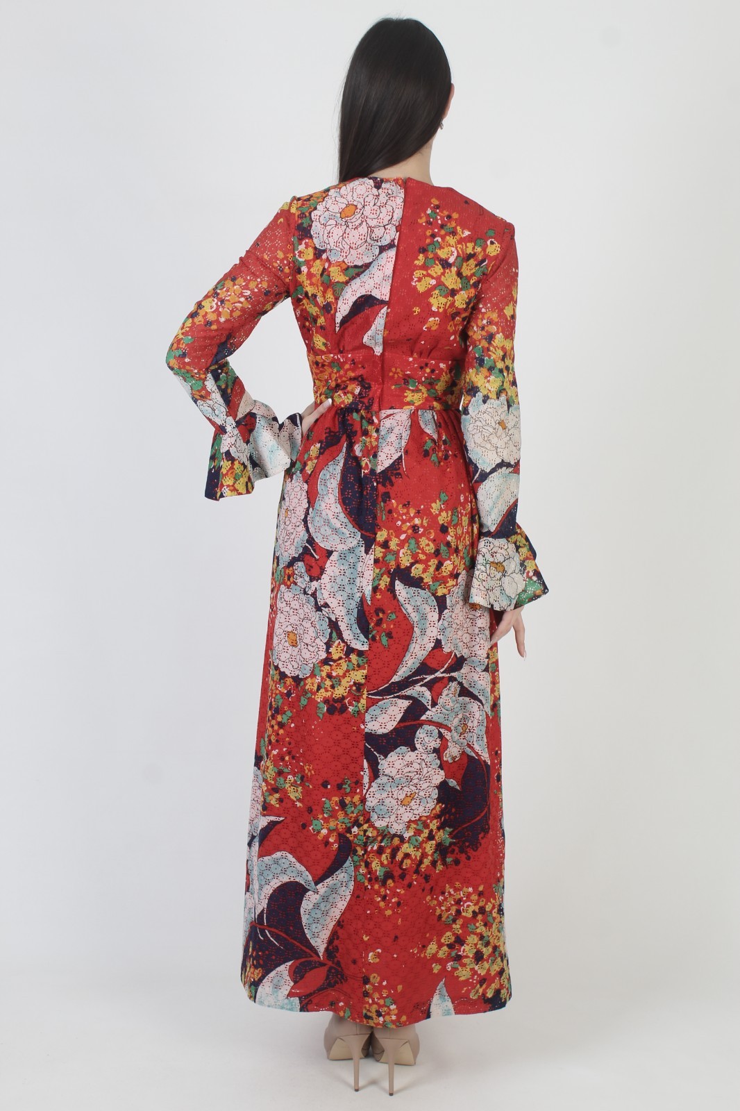 Vintage 70s Red Floral Dress Eyelet Prairie Angel Bell Slv Lounge Cocktail Maxi