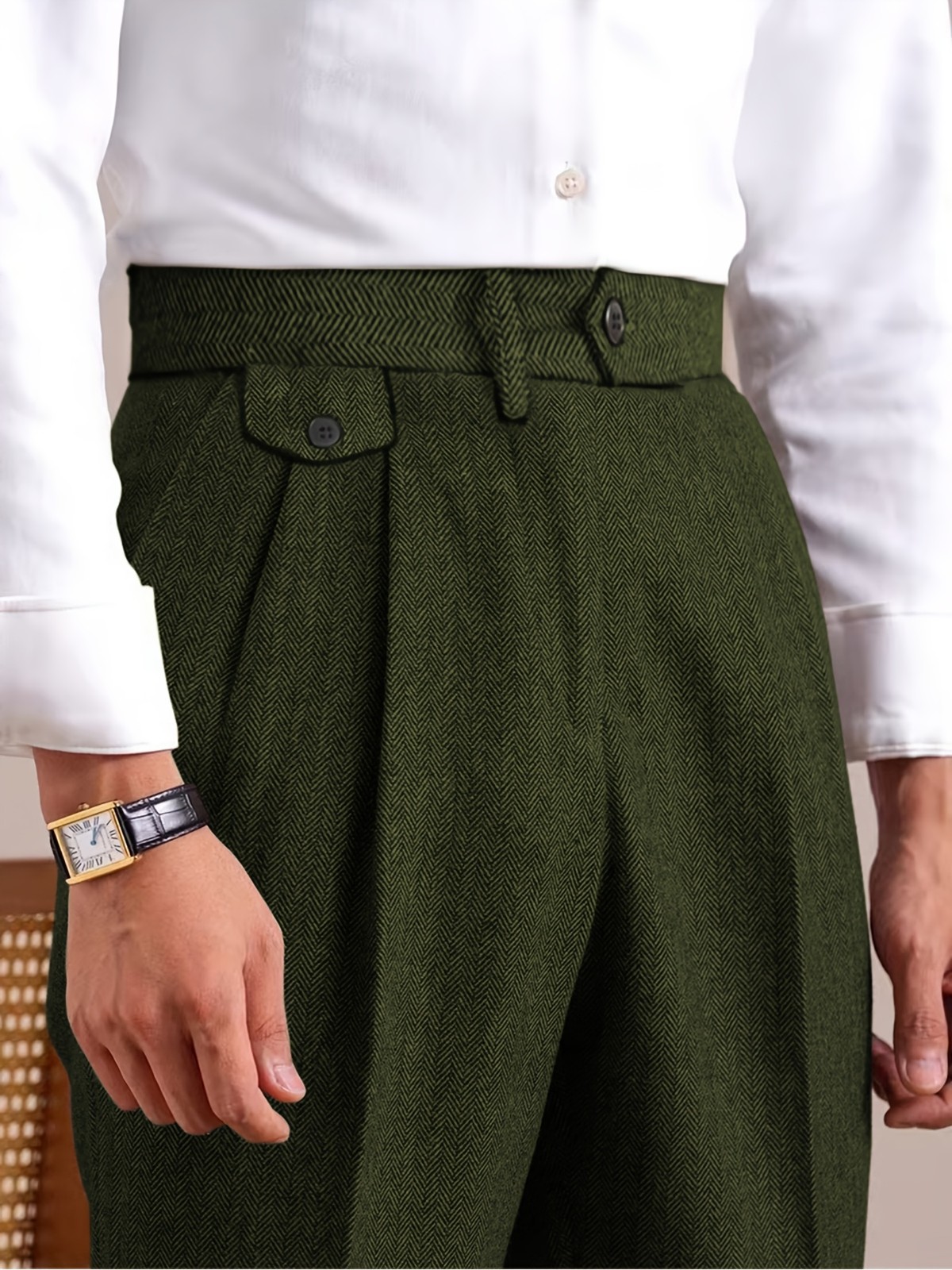 Mens Tweed Suit Pants Slacks Vintage Retro Adjustable Waist Herringbone Trousers