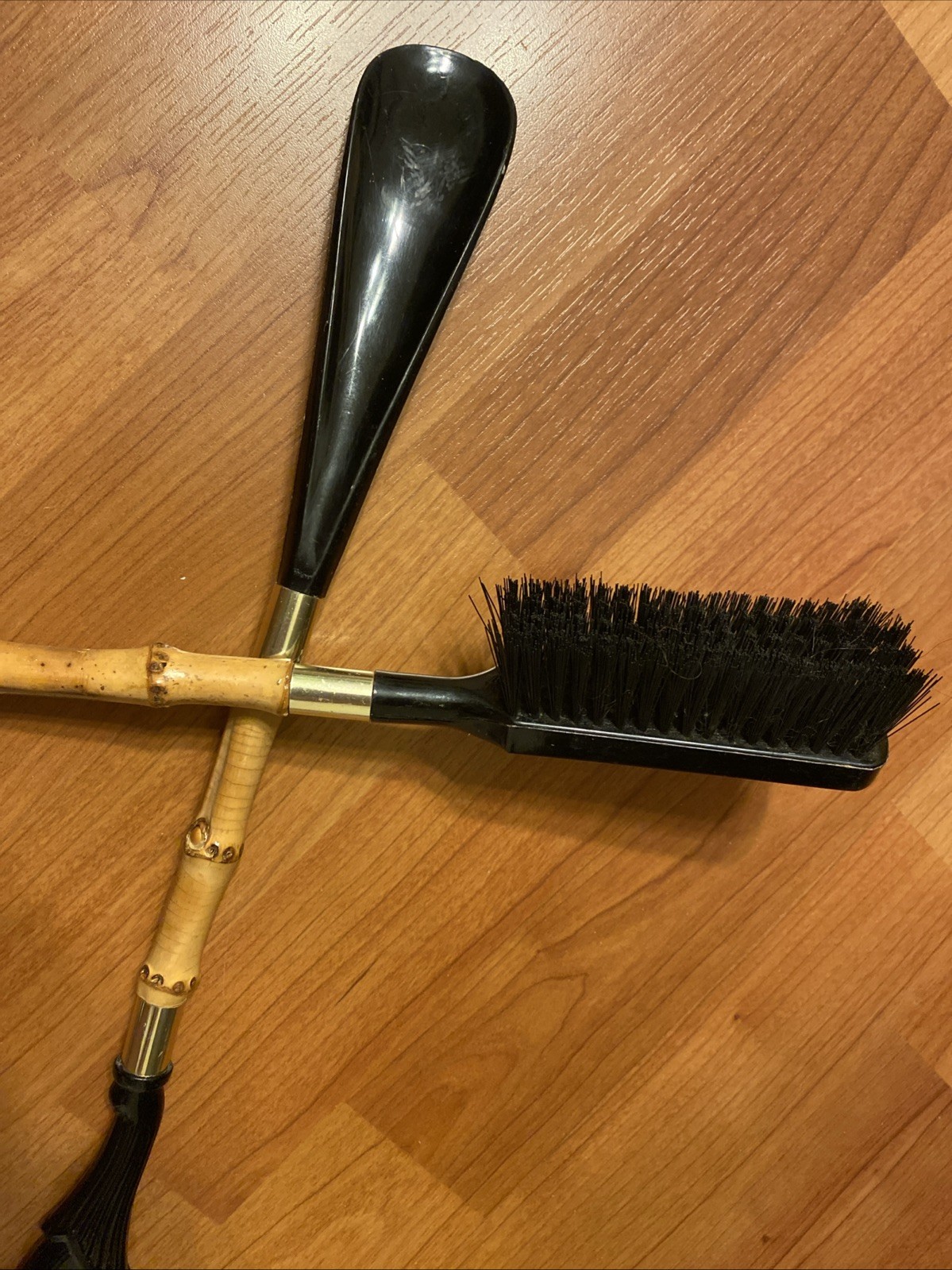 Vintage Bamboo Horse Head Shoe Horn and Brush 15” Set Japan Black Stallion RARE
