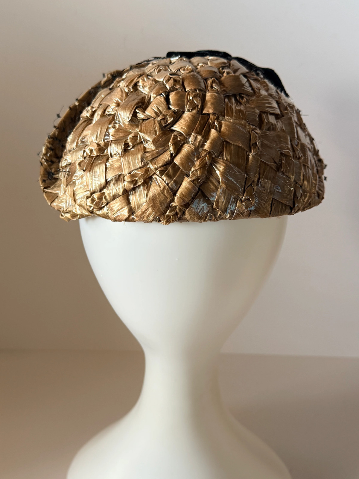 1950s Mr. D Raffia Cocktail Hat Natural Straw Pillbox Black Velvet Bow Vintage