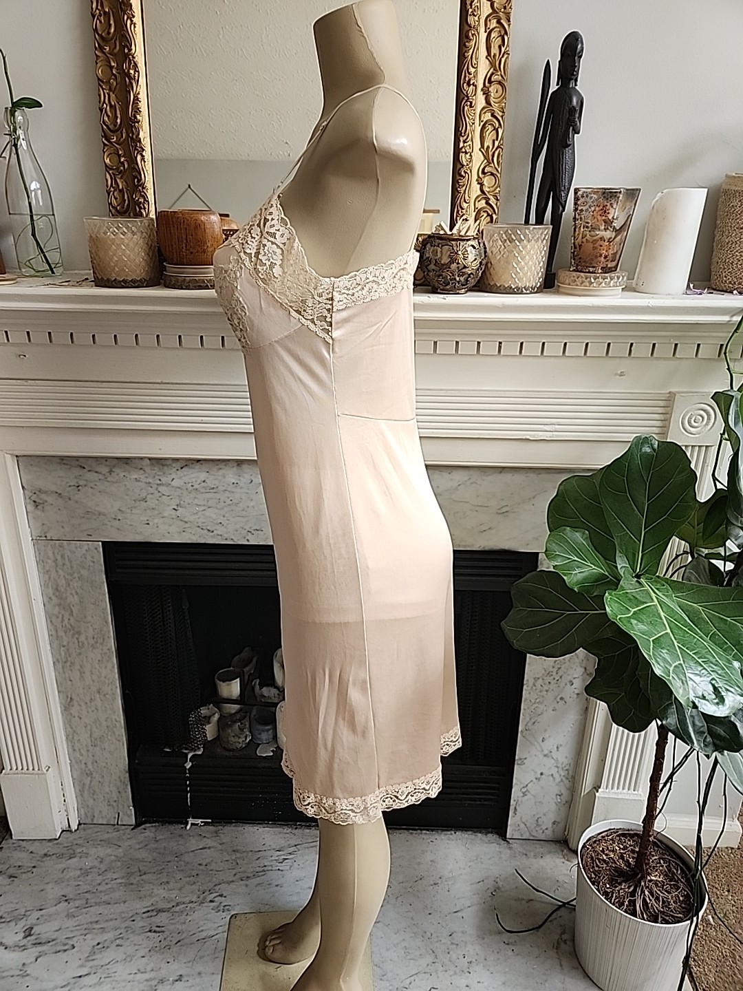 Vintage 1960s Vassarette Lace Nylon Slip 34F USA Made Nude Beige Satin Boudoir
