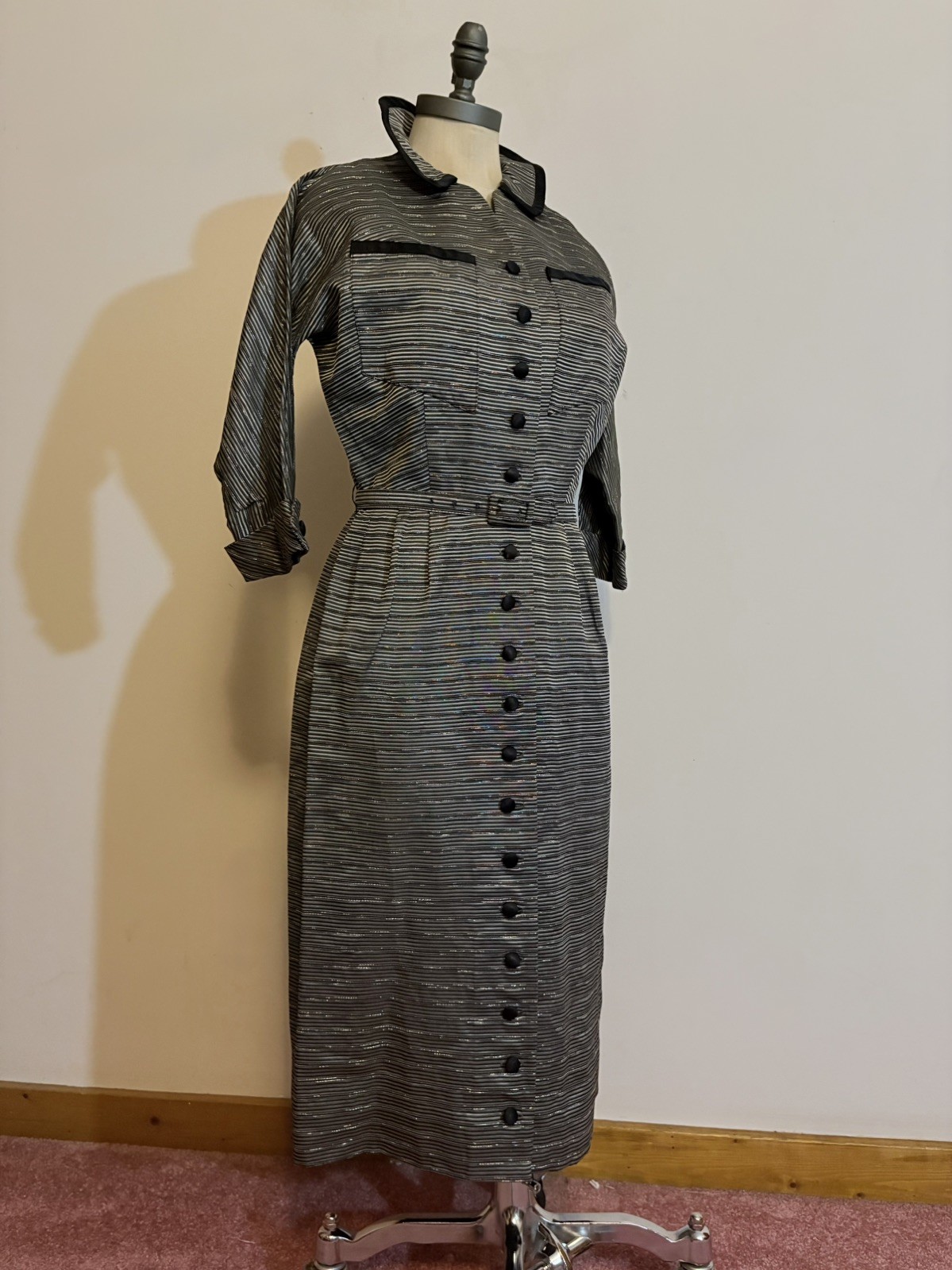 Vintage 1950s Women’s Black & Silver Striped Button Up Dress Dolman Sleeves