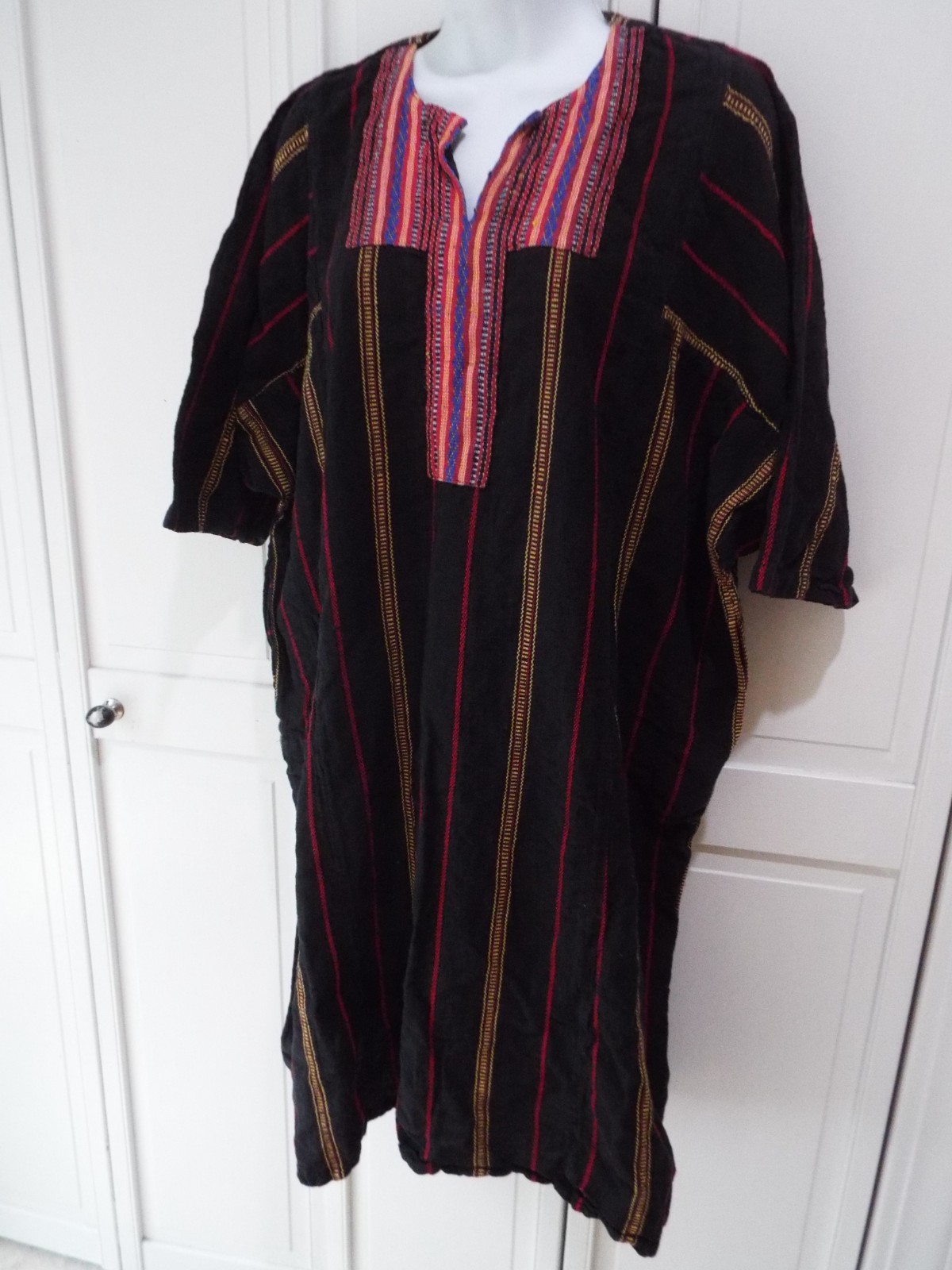 VTG india cotton caftan boho hippie grunge festv black red gold dress 54″ GAUZE