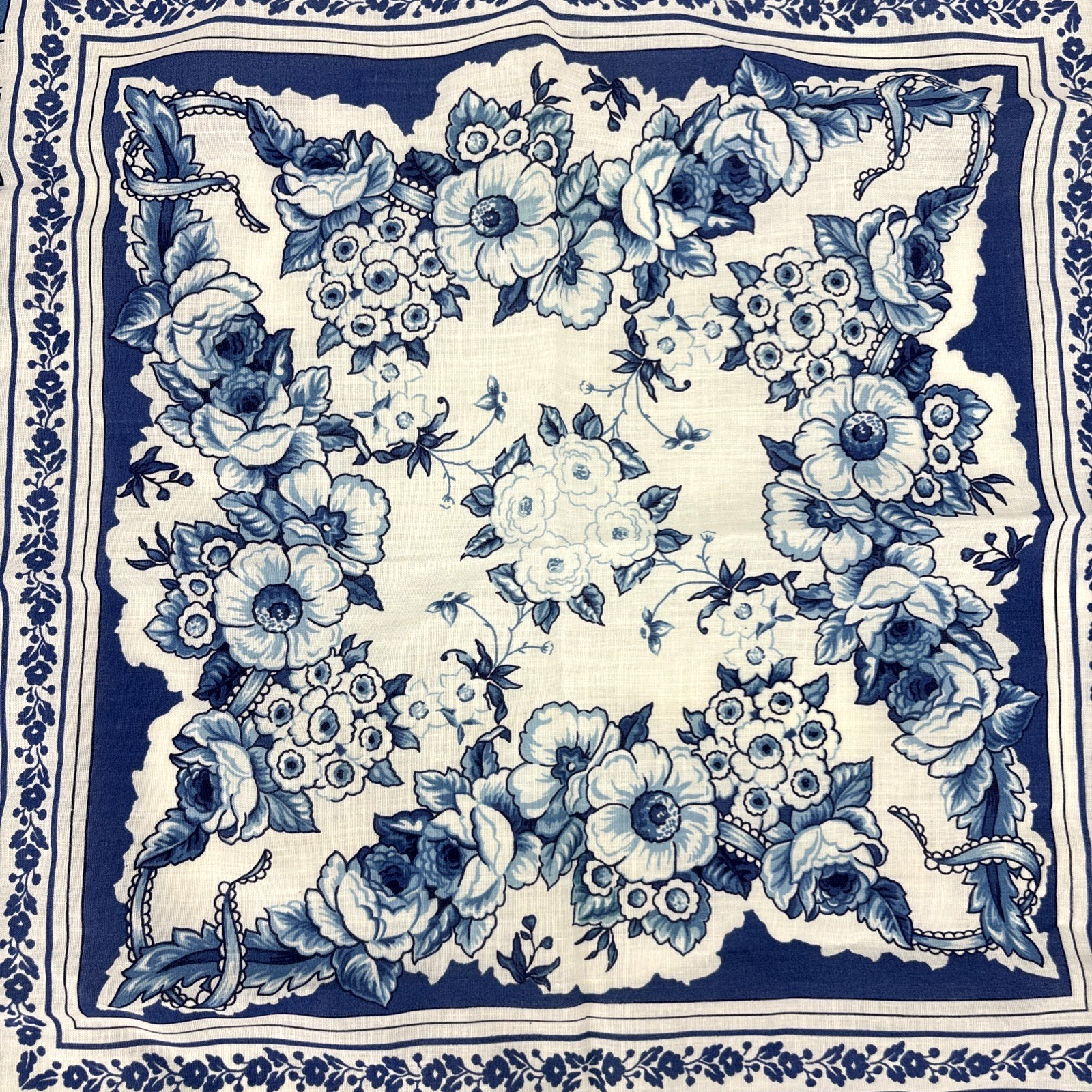 Vintage Blue Floral Bandana Scarf Cottagecore Folk Square Head Wrap USA Made