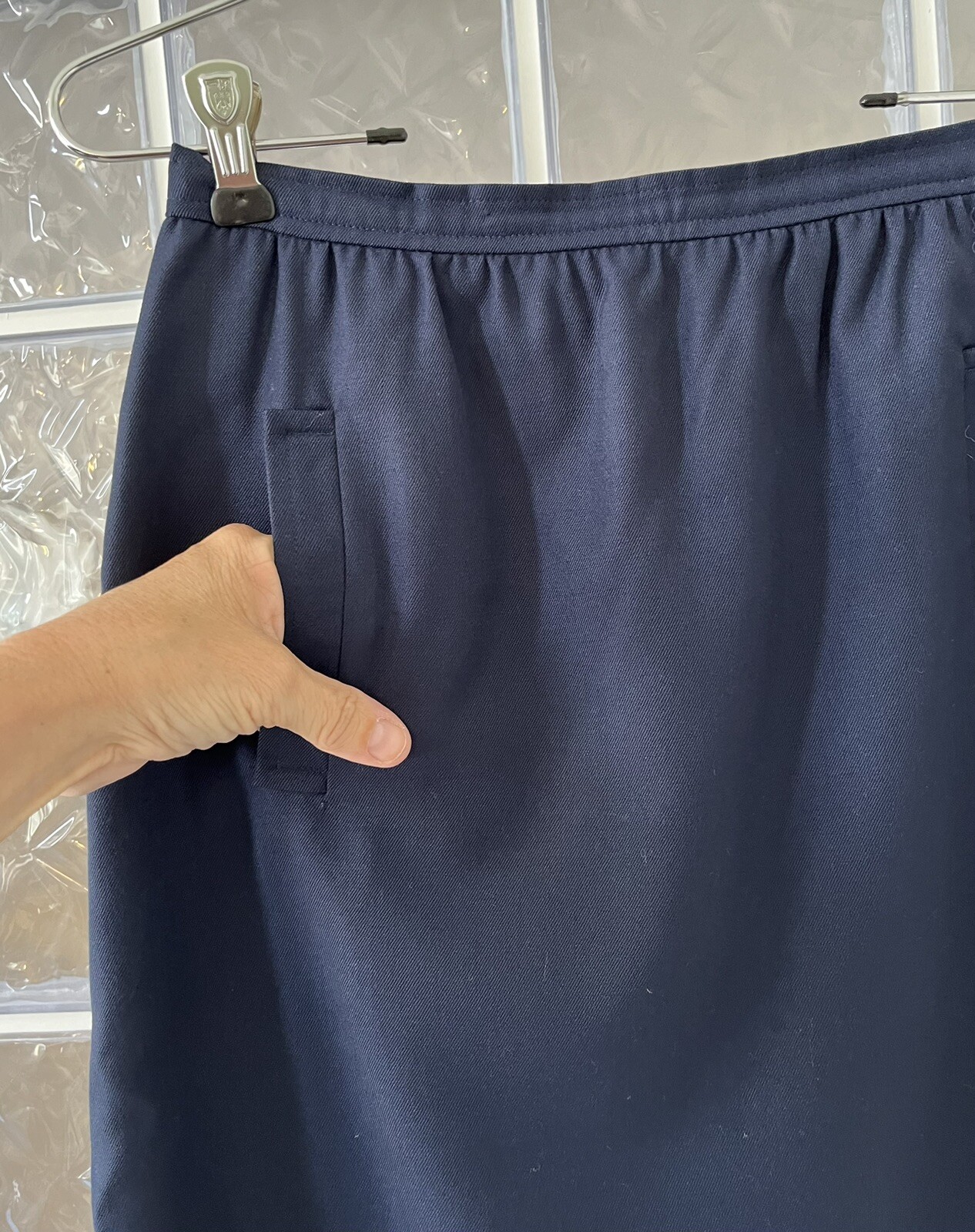 COURREGES PARIS Vtg Blue 100% Wool Skirt Pockets Lined Side Slits Size A (Small)