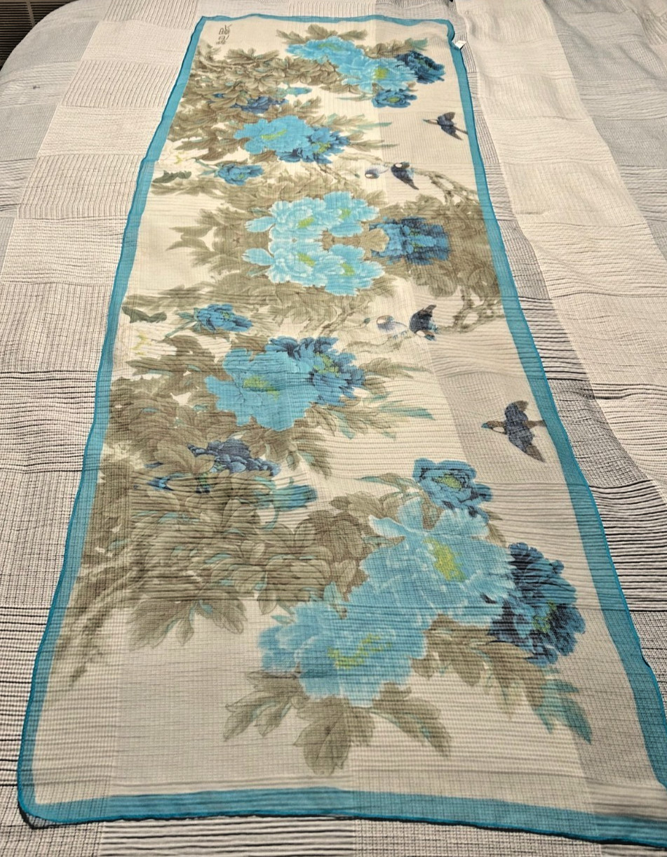 New Vintage 20 x 64 Inch Large, Blue, White, Sheer Rectangle Scarf – Poly- VS-71