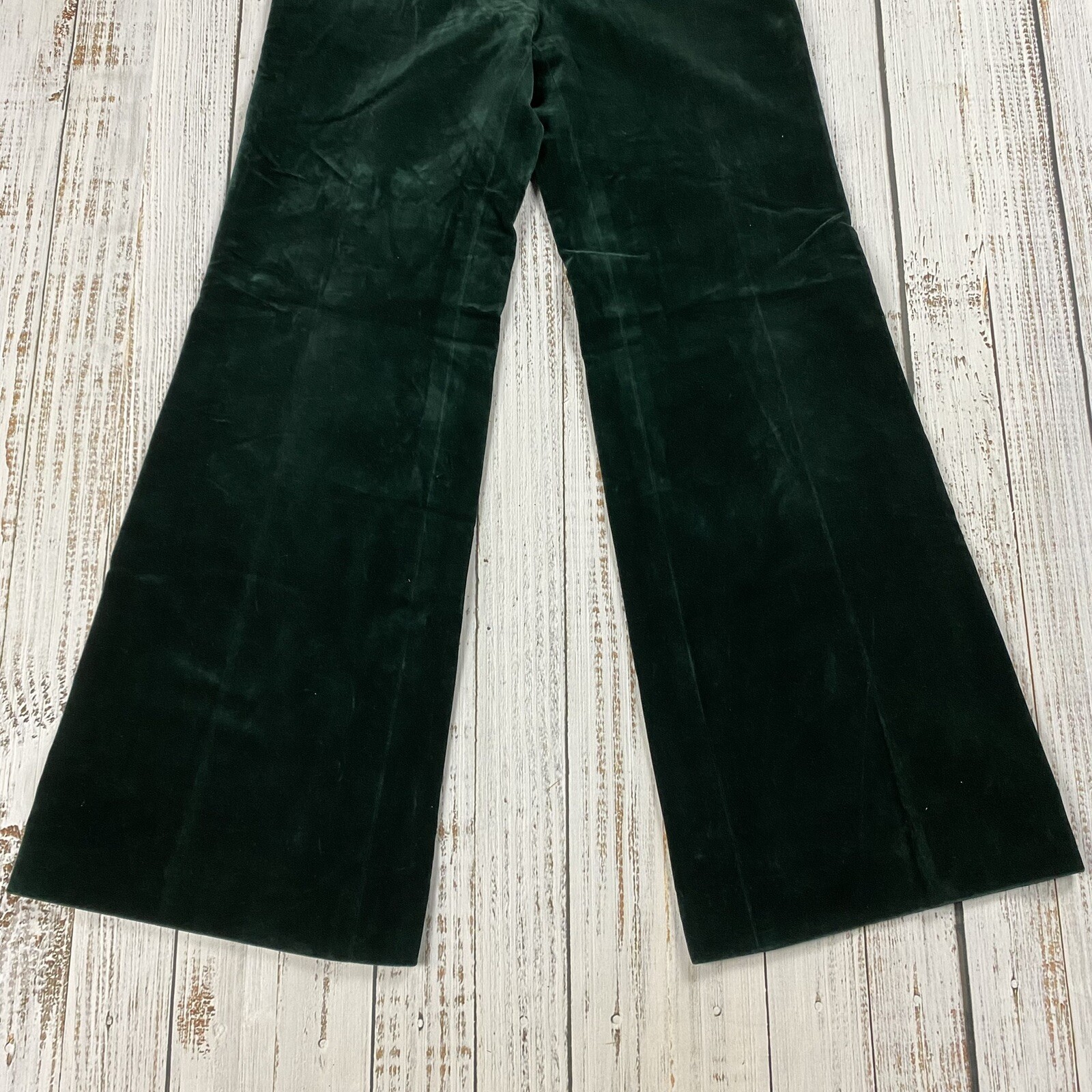 TRUE VTG 60S VELOUR HIGH RISE ZIP BELL BOTTOM PANTS FORREST GREEN HIPPY 29×31