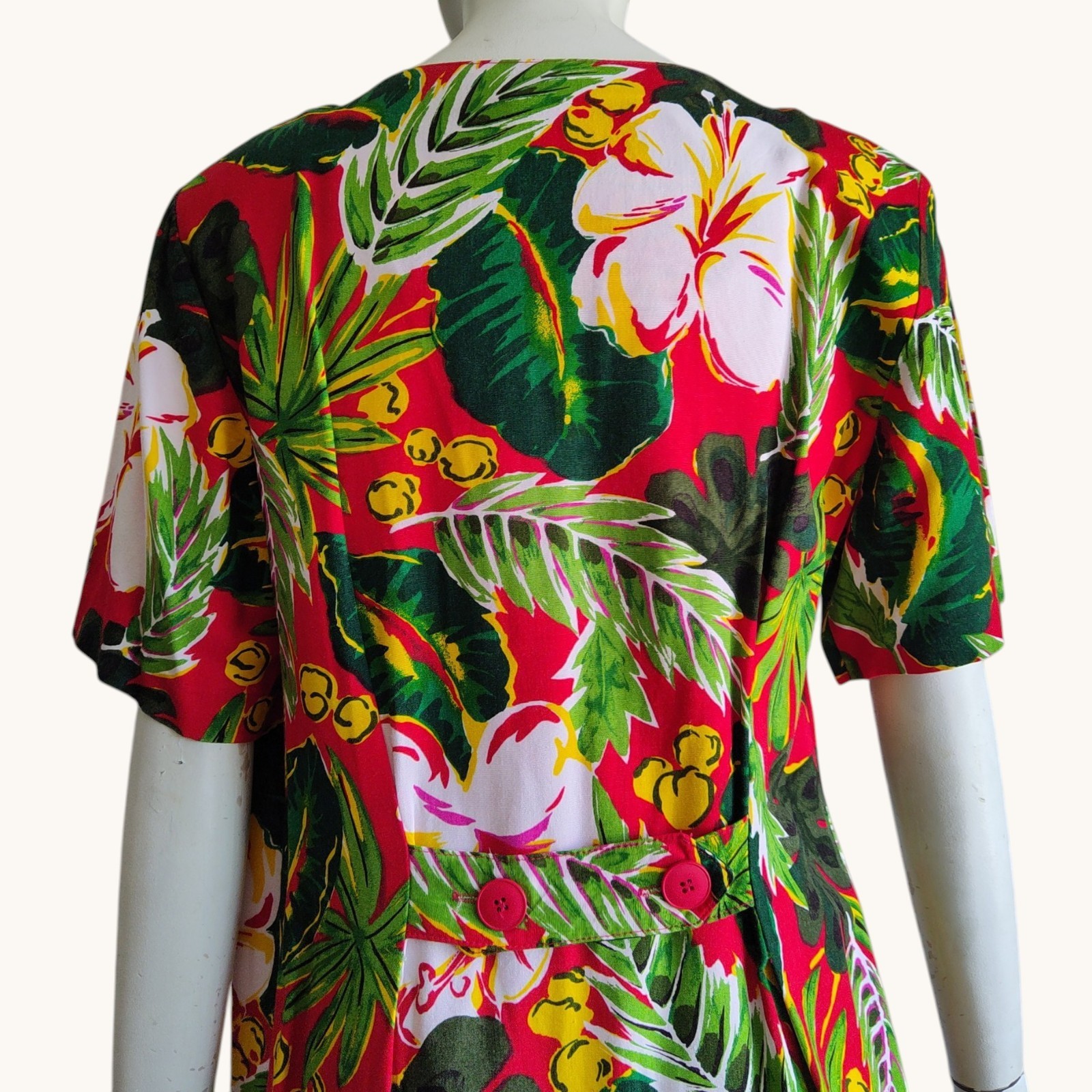 Vtg 90s Carol Anderson Tropical Floral Hibiscus Back Belt Maxi Rayon Dress L