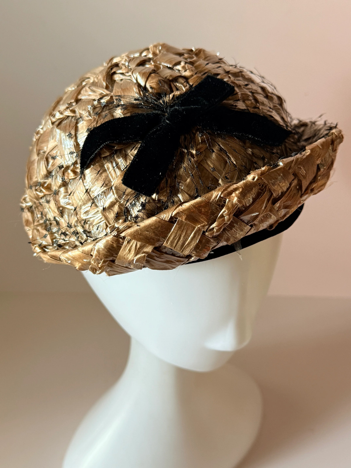 1950s Mr. D Raffia Cocktail Hat Natural Straw Pillbox Black Velvet Bow Vintage