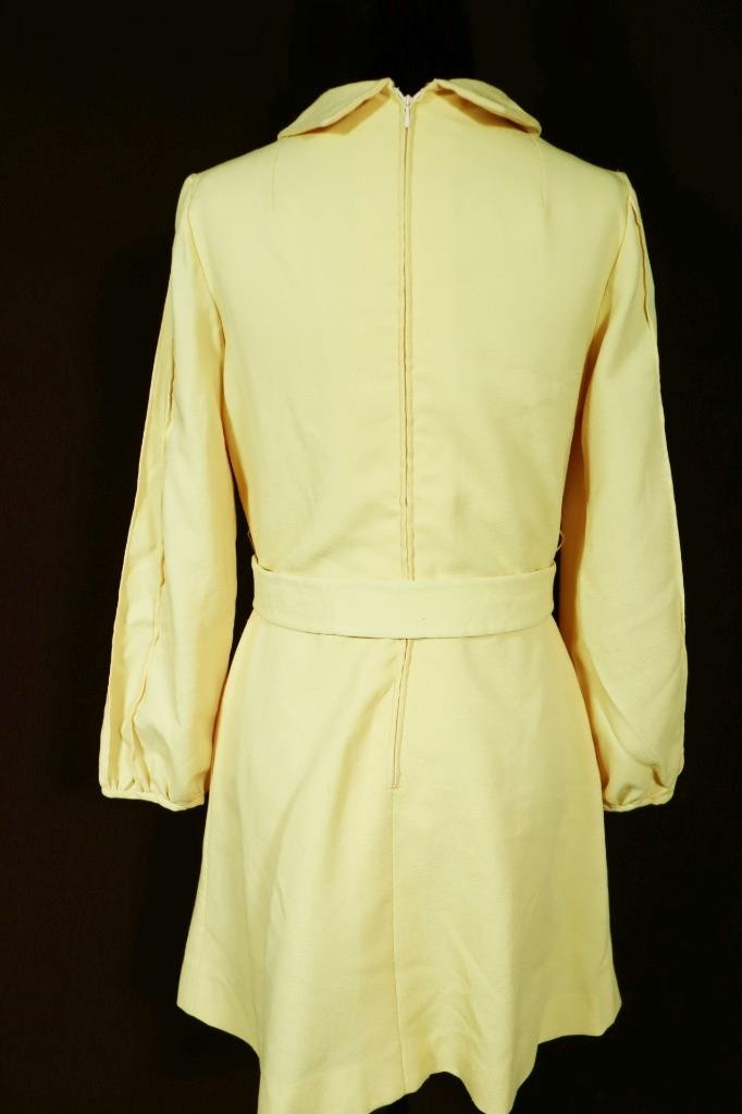 Vintage 1970’s French Yellow Poly Knit Mini Dress With Belt Size 4+