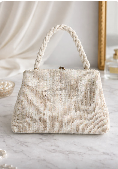 Vintage 1950s Czech Beaded Handbag White Glass Evening Purse Czechoslovakia
