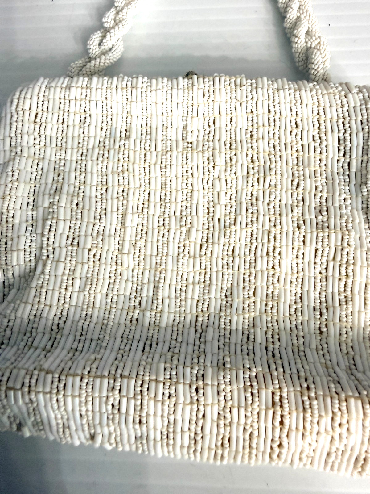 Vintage 1950s Czech Beaded Handbag White Glass Evening Purse Czechoslovakia