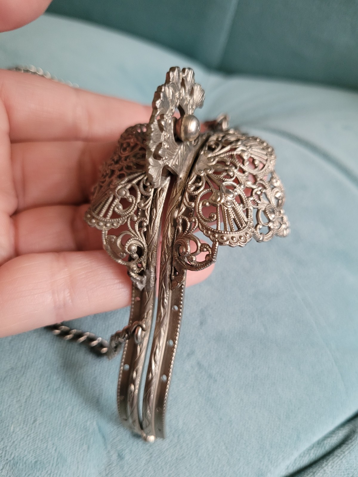 Antique Art Nouveau Ornate Filigree Silver Purse Frame Only w Stylized Flowers