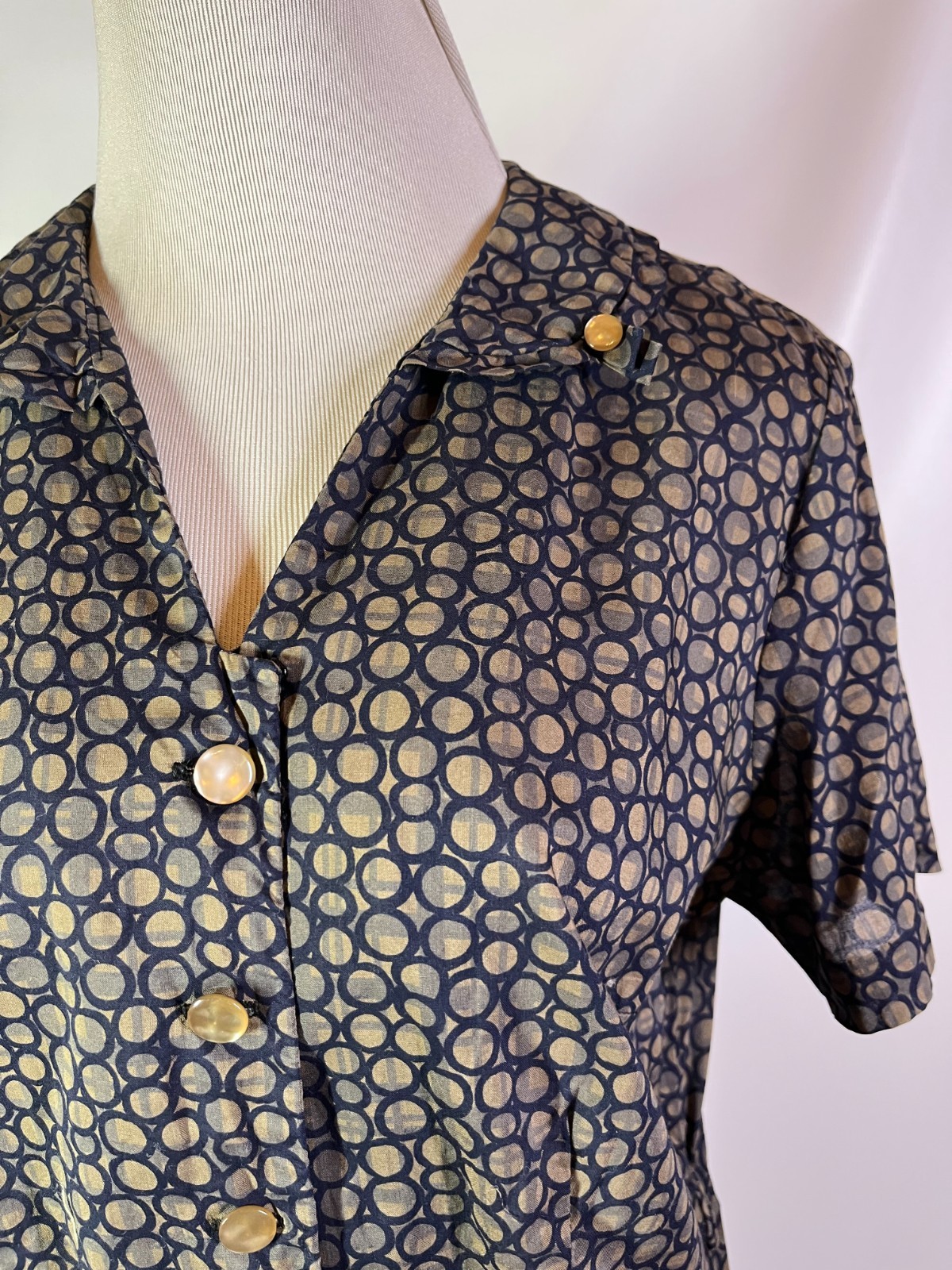 Vintage early 70s? Shirtdress Homemade Blue Circles Print Pockets
