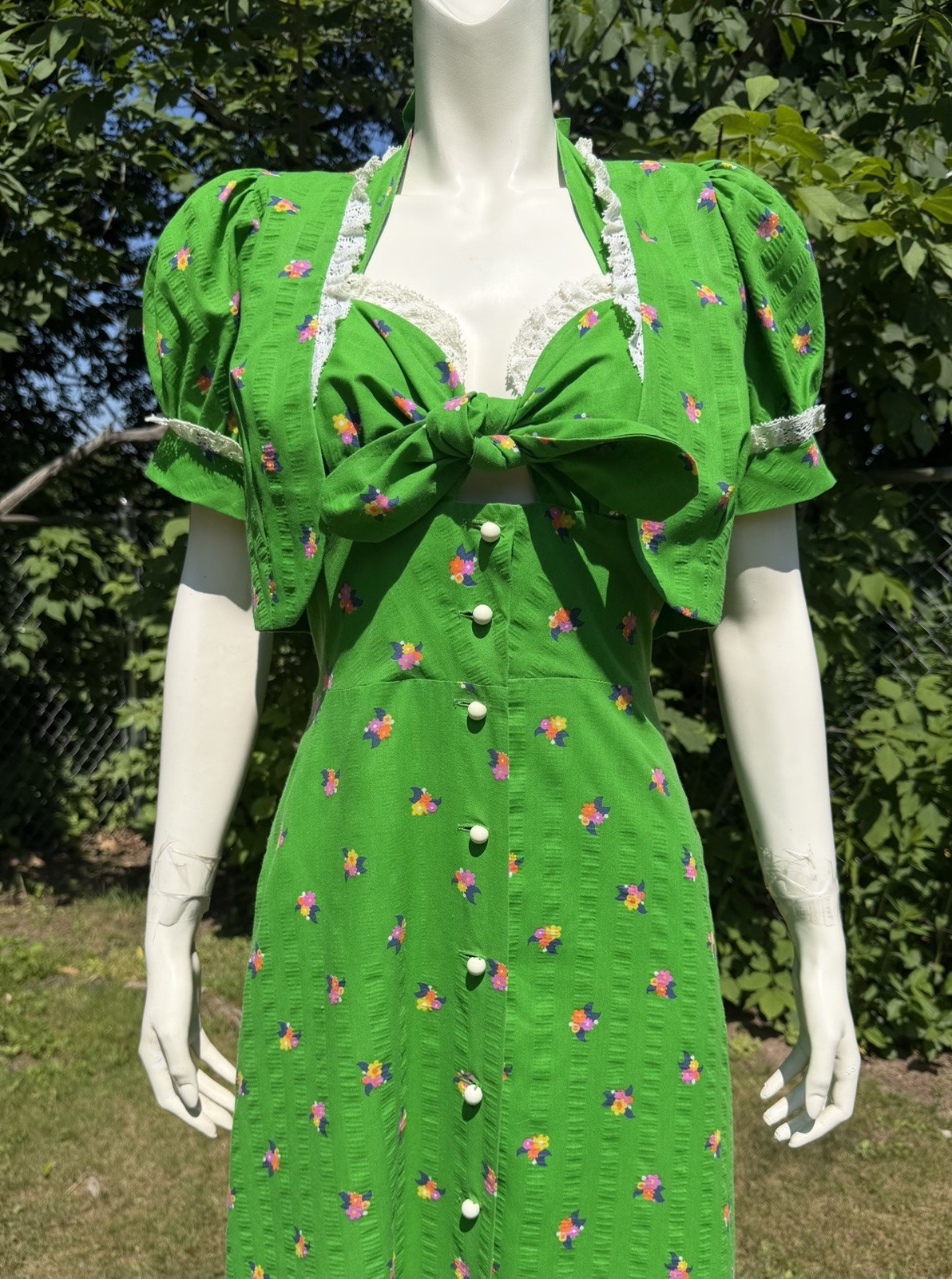 Vintage GREEN HALTER DRESS Puff Sleeve Jacket 1970s Prairie Floral Nancy B M/L