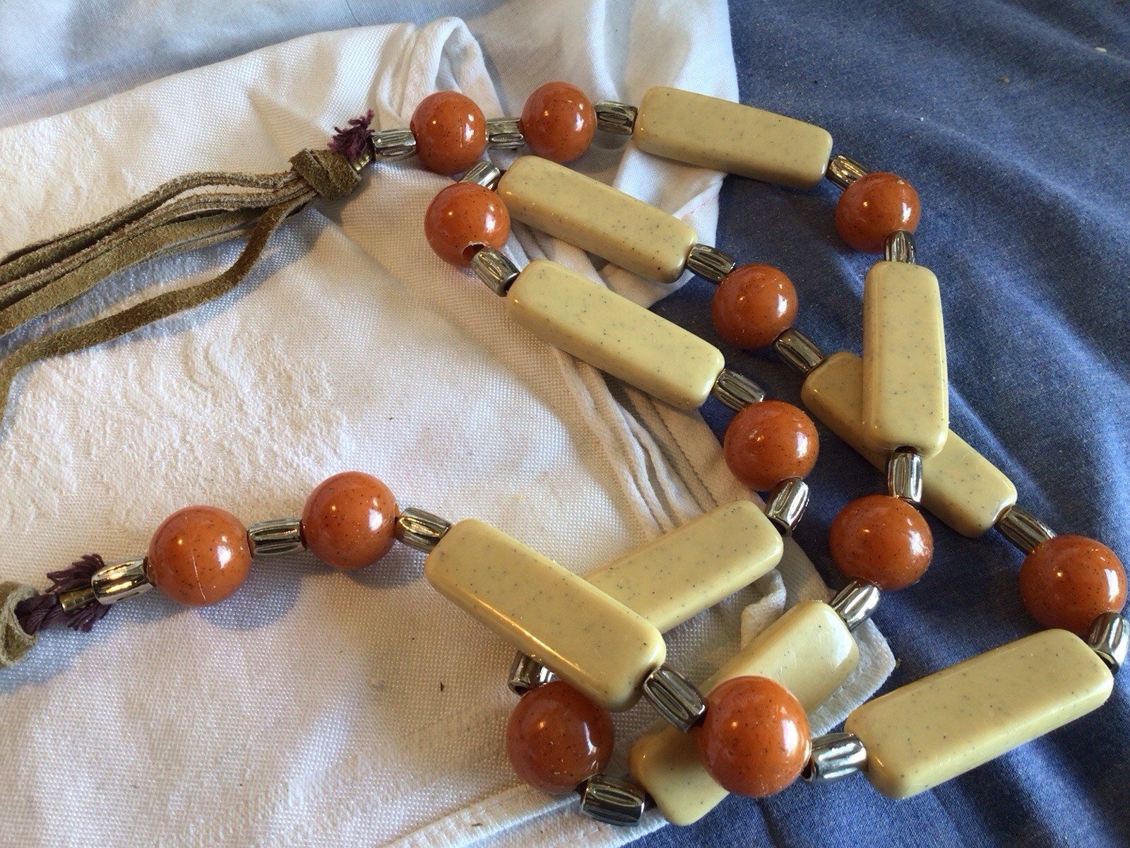 Vintage Women’s Belt 70’s Ceramic & Leather 30 1/2” Hippie Style