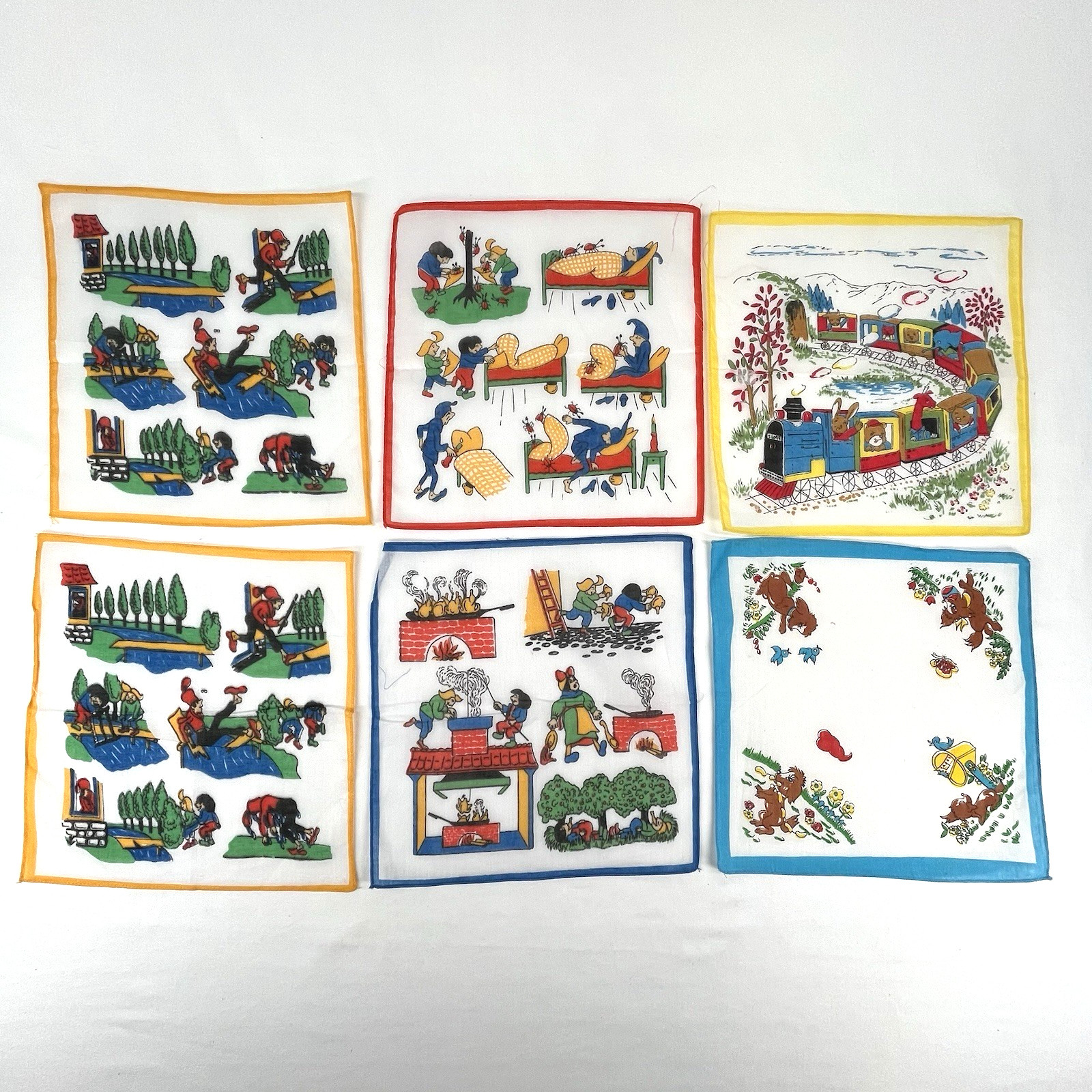 VTG Lot of 6 MCM Childrens Handkerchief Novelty 1 Train/1 Animals/4 Max & Moritz