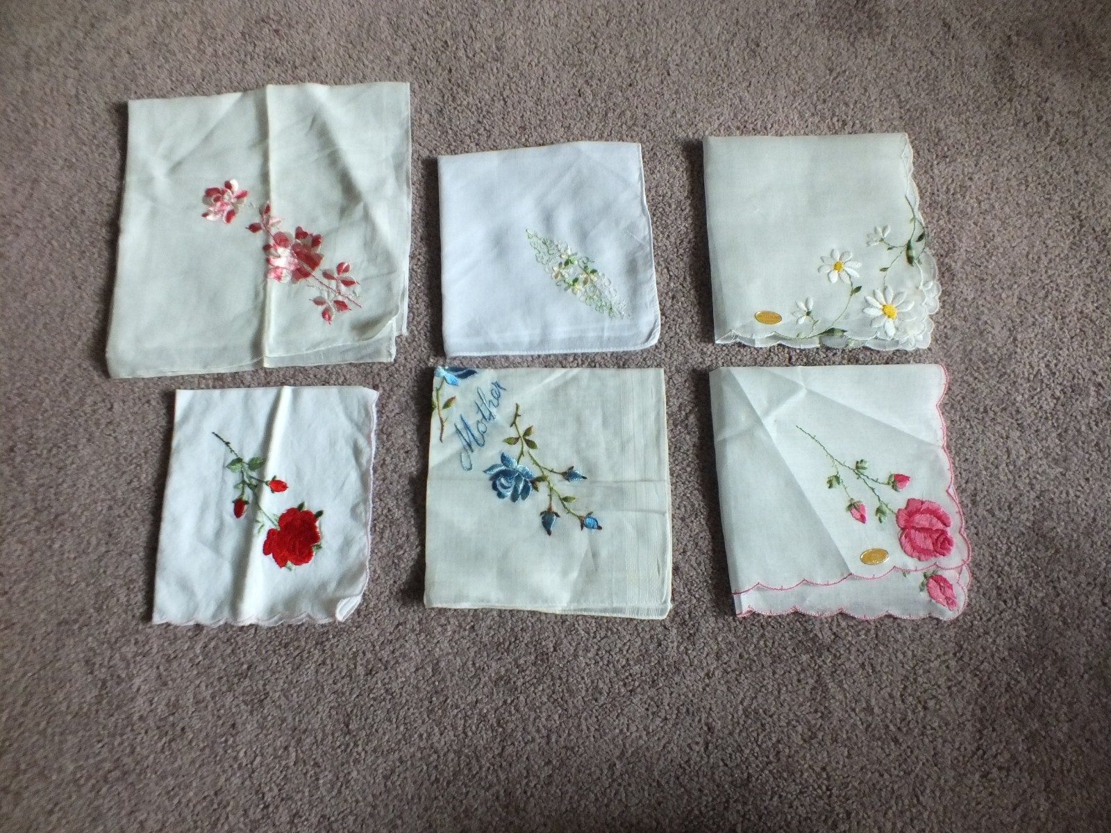 Ladies Handkerchief Set 6 Floral Embroidery 2 Org Tags 1 “MOTHER” 11-15″ NICE