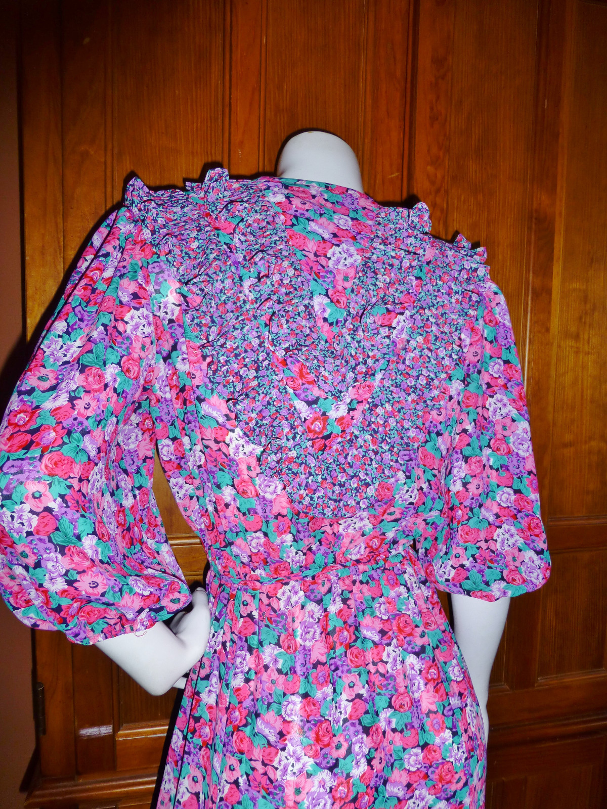 Vtg 80s Freis Style Floral PRINT Pleated Ruffle Poet Slv BOHO Gypsy Midi DRESS