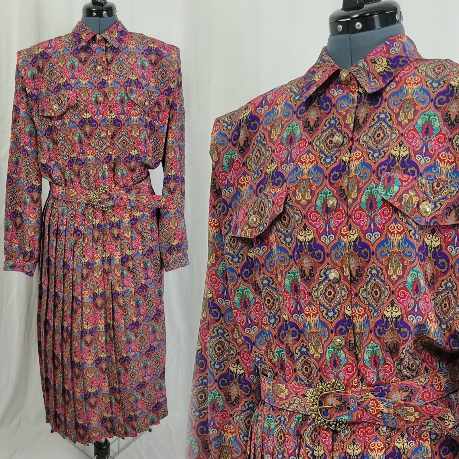 Vtg Leslie Fay Multicolored Paisley Print Blouson Dress w Pleated Skirt Size 16