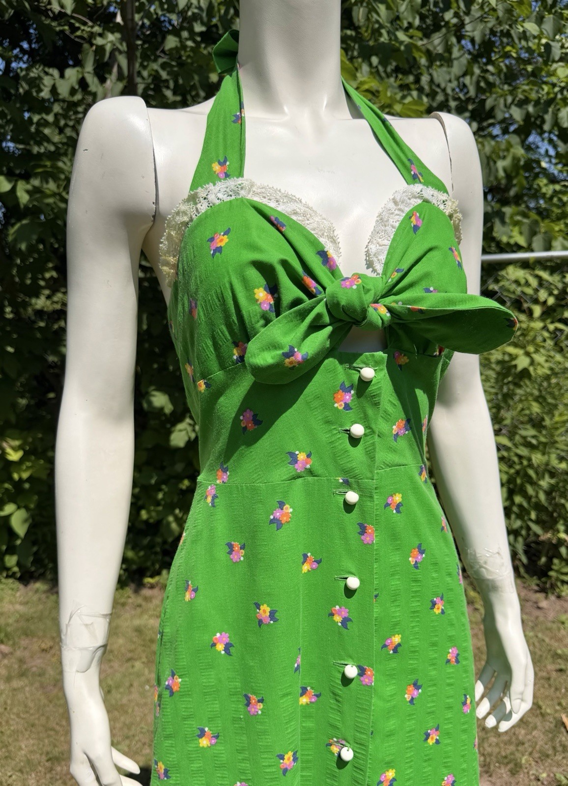 Vintage GREEN HALTER DRESS Puff Sleeve Jacket 1970s Prairie Floral Nancy B M/L