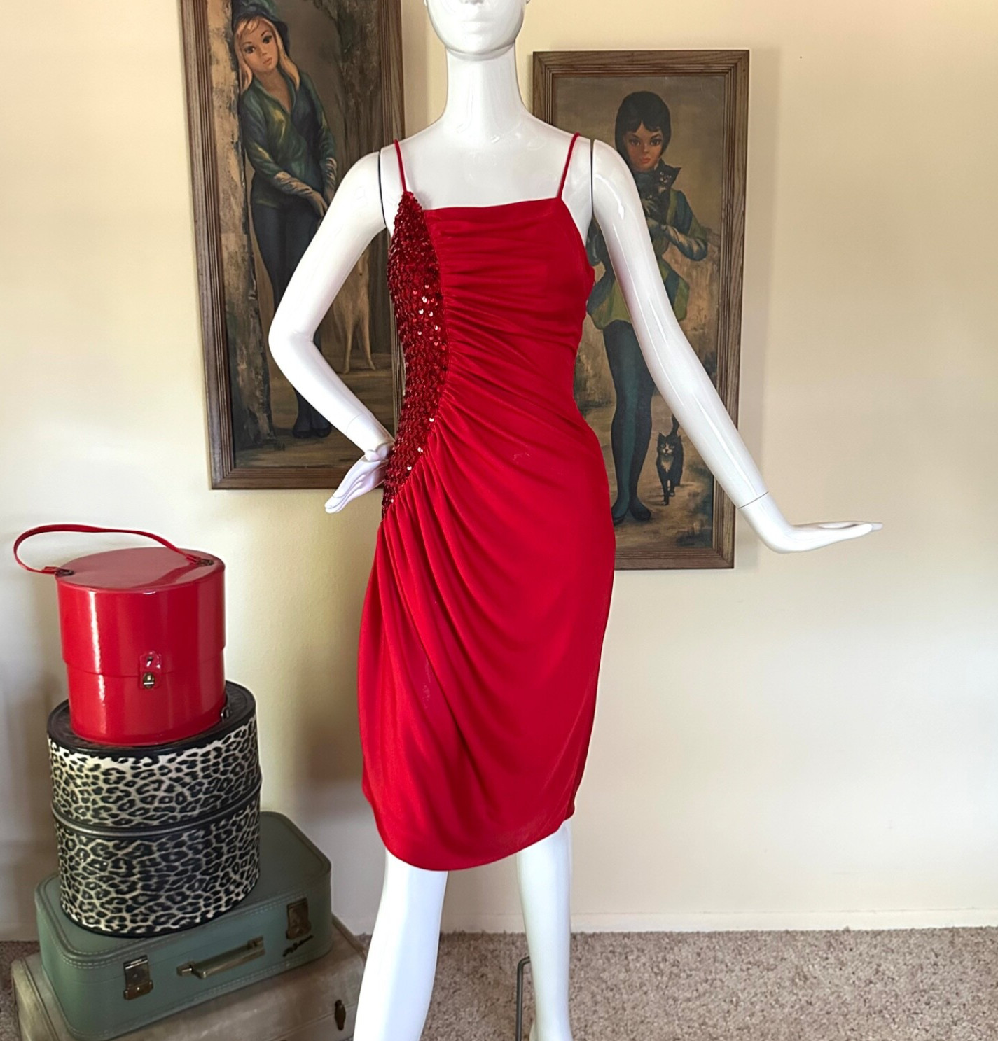 Vintage 70s New Leaf by Samir Slinky Disco Dress Sequined Draped Red Jersey S