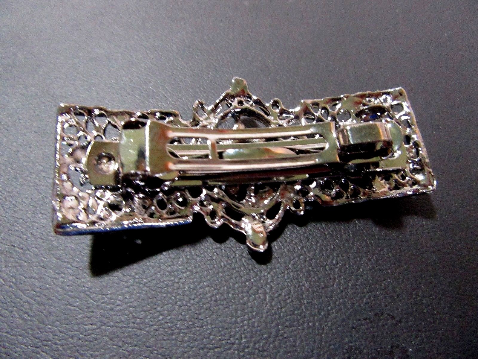 Hair Barrette Clip Dark Silver Metal with Blue Enamel Flowers Rhinestone Vintage