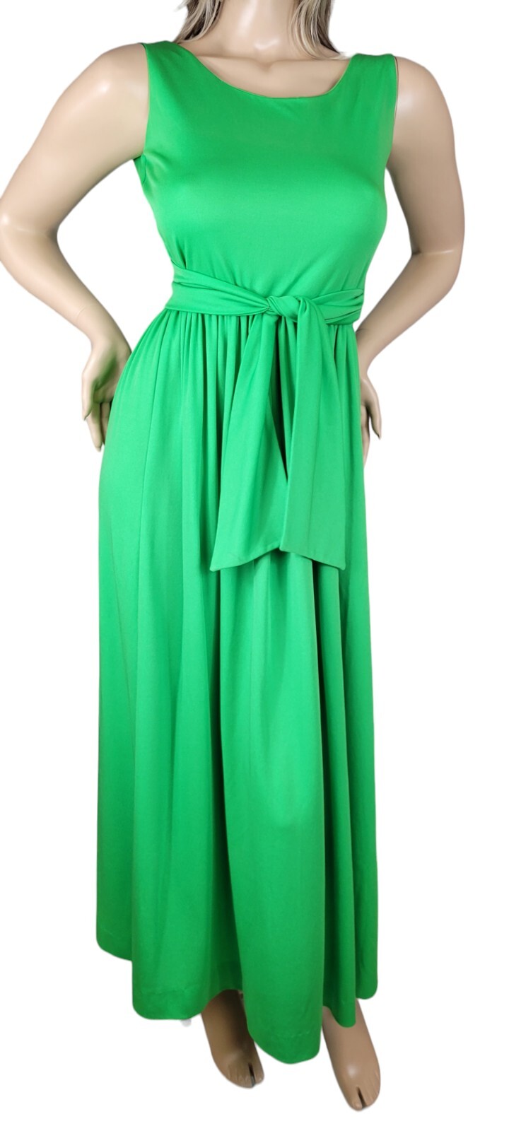 Vintage Jonathan Logan 60s/70s Green Fit & Flare Bow A-Line Maxi Midi Dress Sz 9