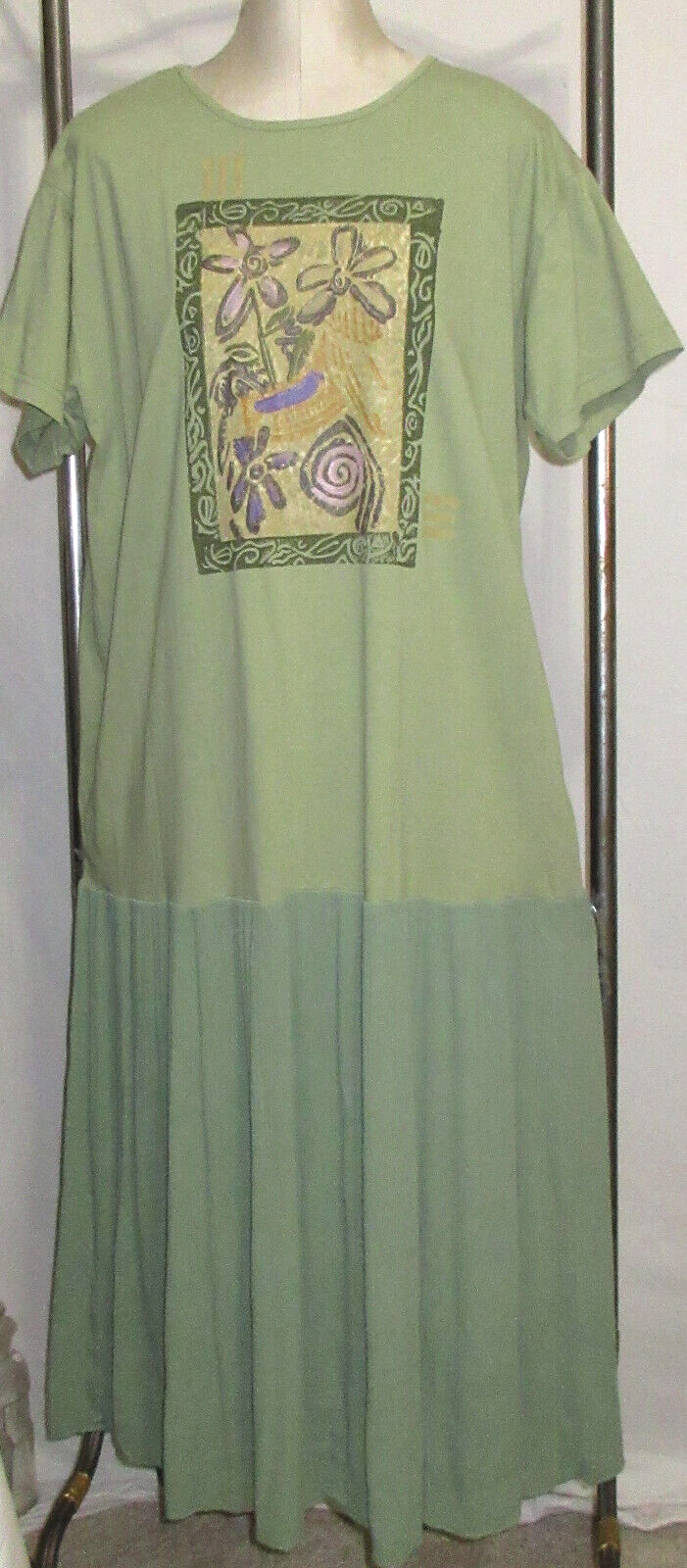 Classique By Shawn Maxi Dress XL 2 Green Drop Waist Hand Painted Artsy Lagenlook