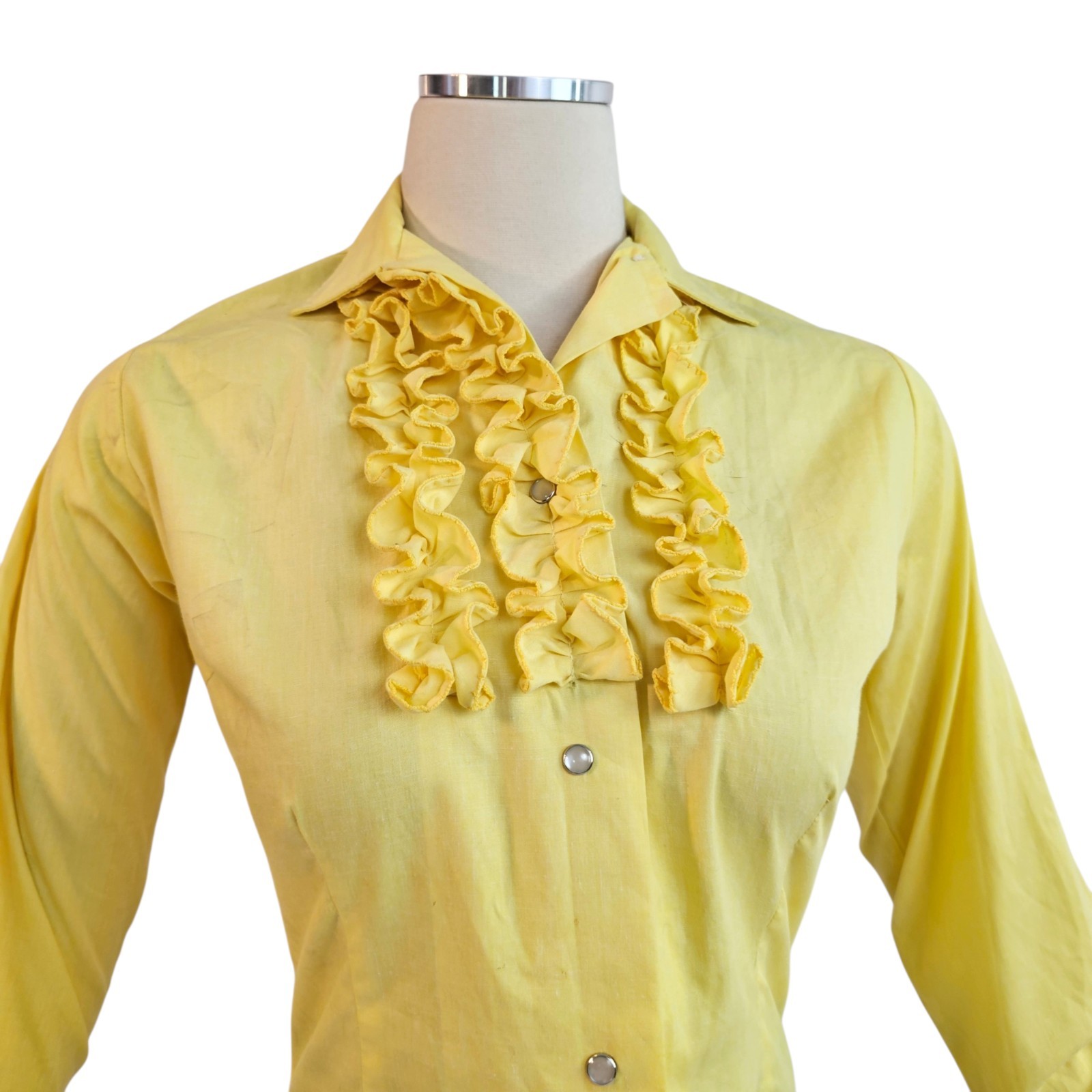 Vintage 1970s Blouse Top Shirt Tuxedo Ruffle Chest Yellow Long Tail Retro Disco