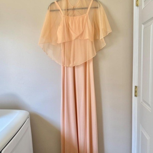 Vintage NWT 70s Peach Maxi Dress with Sheer Cape prairie boho western deadstock