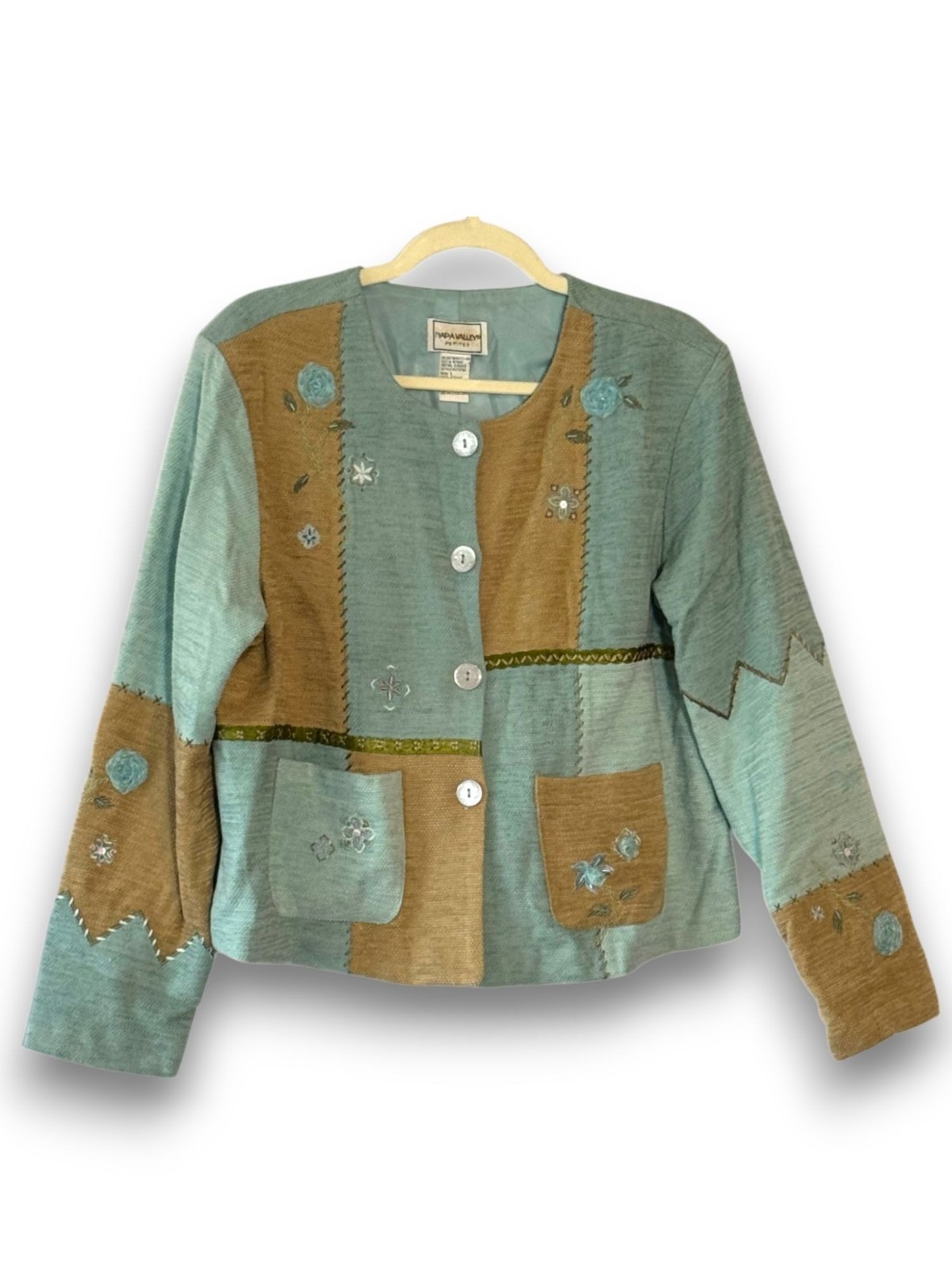 Vintage Napa Valley Petites Patchwork Jacket Size Large Blue Tan Floral Embroide