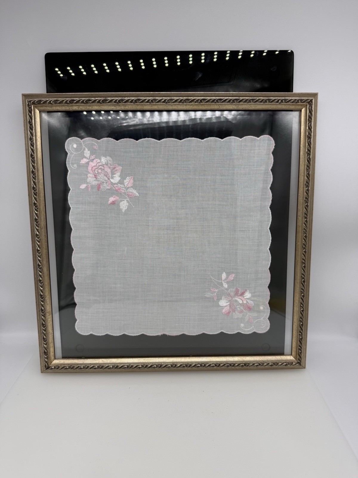 Vintage Embroidered Handkerchief, framed in Gold Frame 13.5”x 13.5”