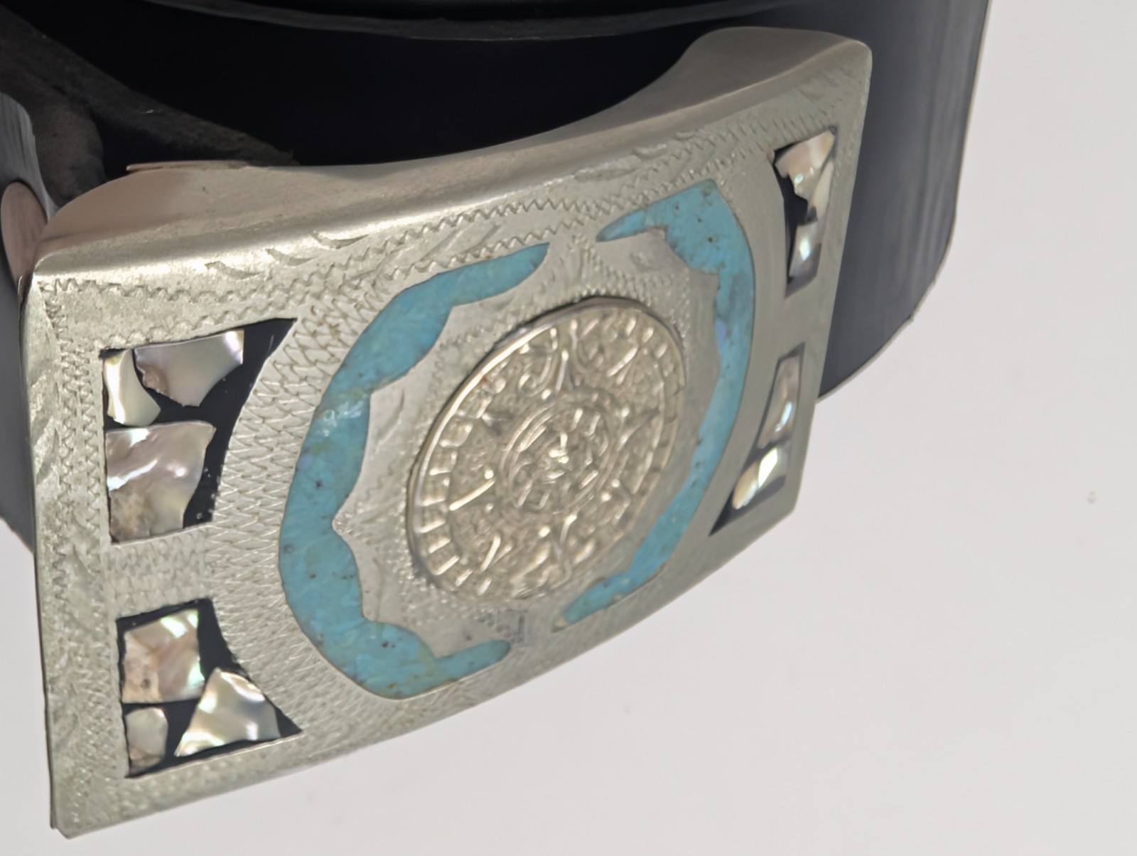 Vintage Mexico Alpaca Silver Aztec Calendar Belt Turquoise MOP Inlay Black…