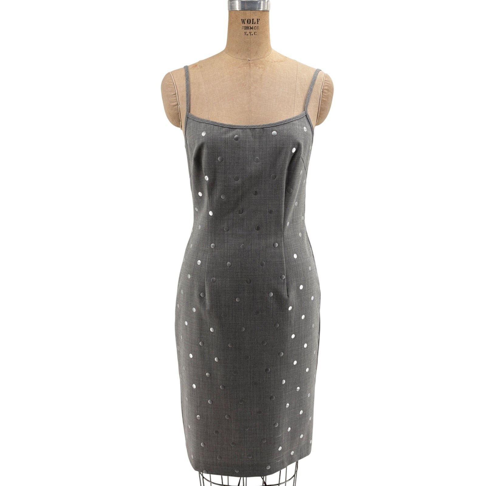 Moschino Jeans Gray Wool Blend Silver Polka Dot Midi Sheath Dress 10/44 Stylish