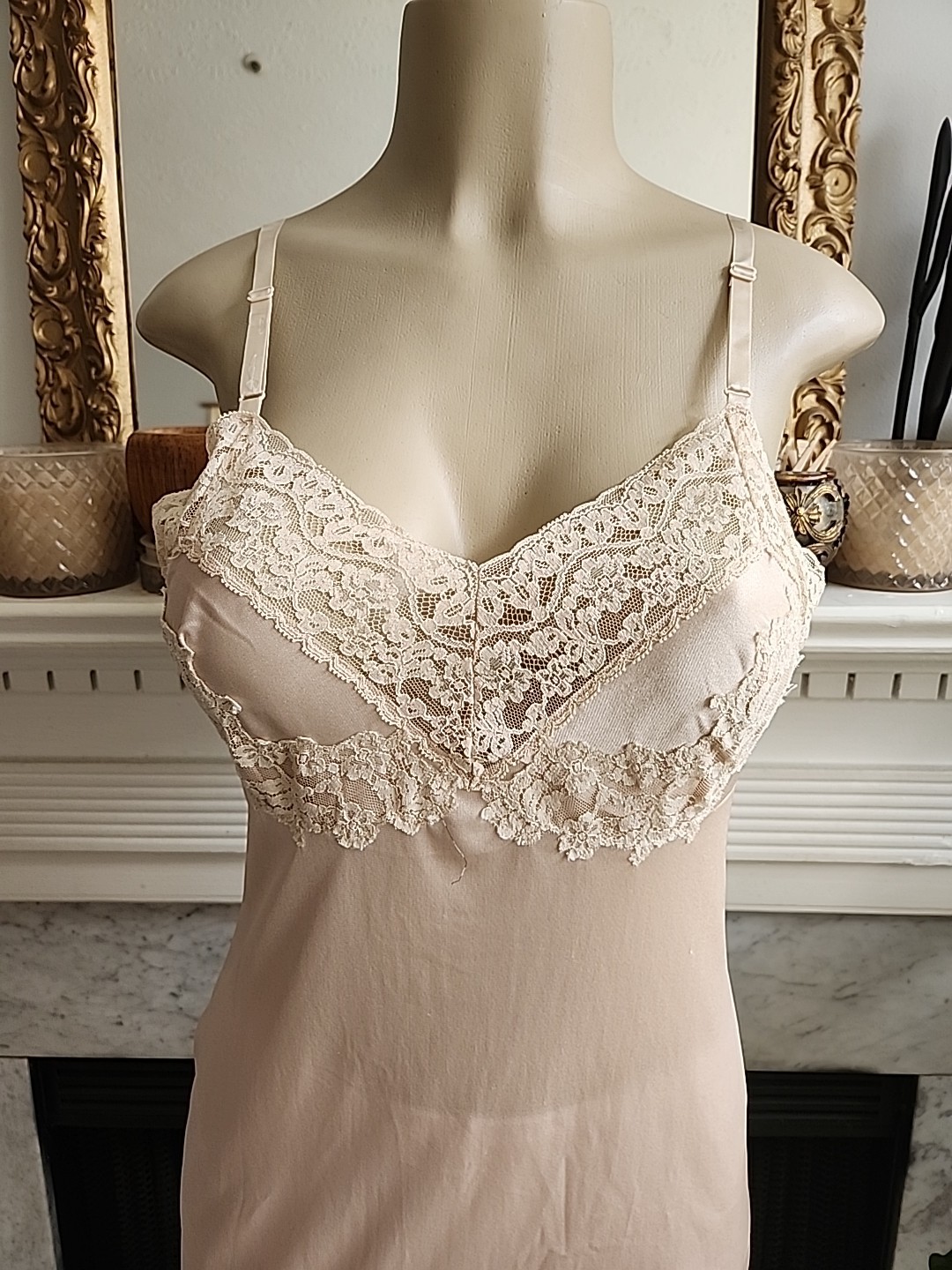 Vintage 1960s Vassarette Lace Nylon Slip 34F USA Made Nude Beige Satin Boudoir